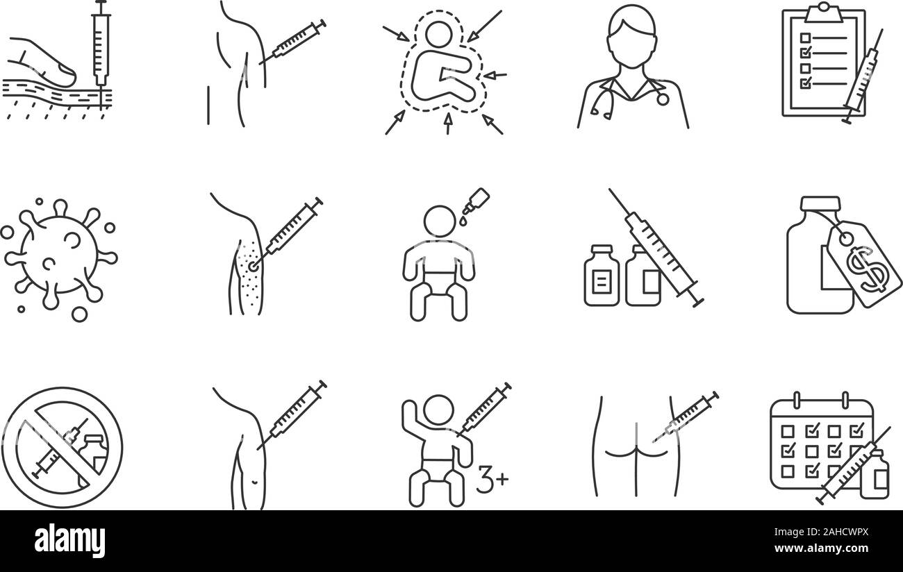 La vaccinazione e immunizzazione lineare set di icone. Linea sottile simboli di contorno. I vaccini per bambini e adulti. Aviaria, epatite, morbillo prevenzione delle malattie. Isol. Illustrazione Vettoriale