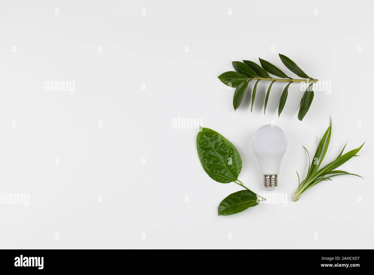 Lampadina della luce con il simbolo di riciclaggio su sfondo bianco . Concetto di ecologia e energia verde. spazio copia vista dall'alto. Foto Stock