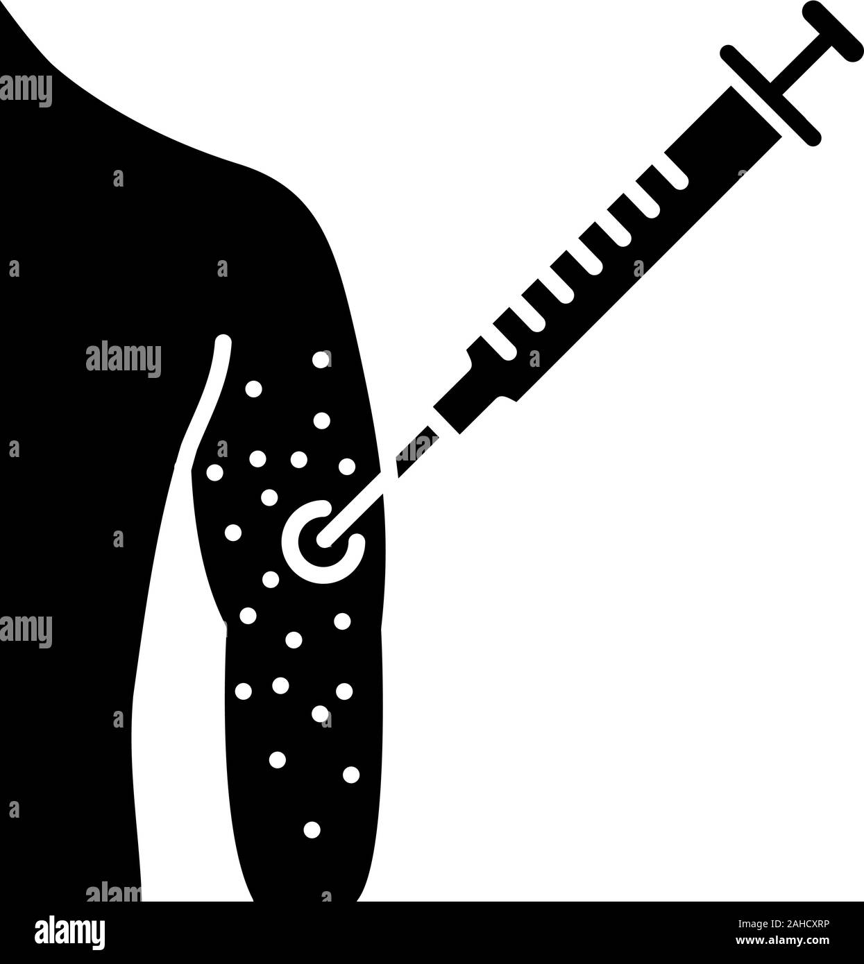 Allergia vaccino icona glyph. Simbolo di Silhouette. Iniezione di vaccinazione. Siringa in braccio. Consumo di stupefacenti per via parenterale. Rash cutaneo, irritazione. Lo spazio negativo. Vettore è Illustrazione Vettoriale