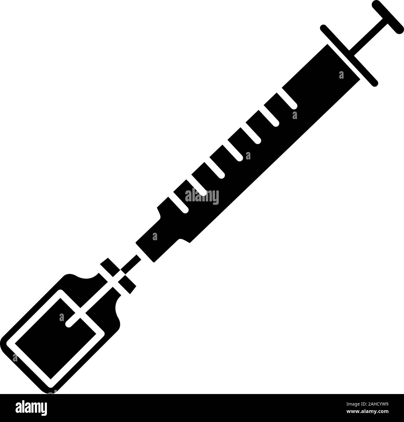 Vaccino icona glyph. Simbolo di Silhouette. La siringa con il flacone di medicina. Il tetano, BCG immunizzazione, la vaccinazione. Medications, iniezione di droghe. Spac negativa Illustrazione Vettoriale