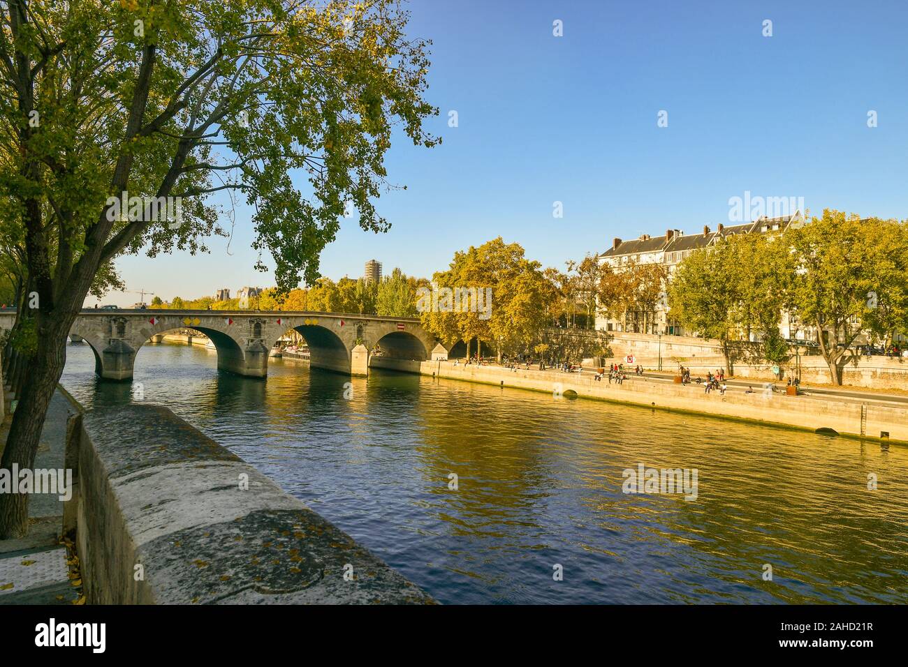 Vista panoramica del Fiume Senna con Pont Marie bridge e la gente camminare e rilassante sul Quai des Celestini banca di fiume in autunno, Parigi, Francia Foto Stock