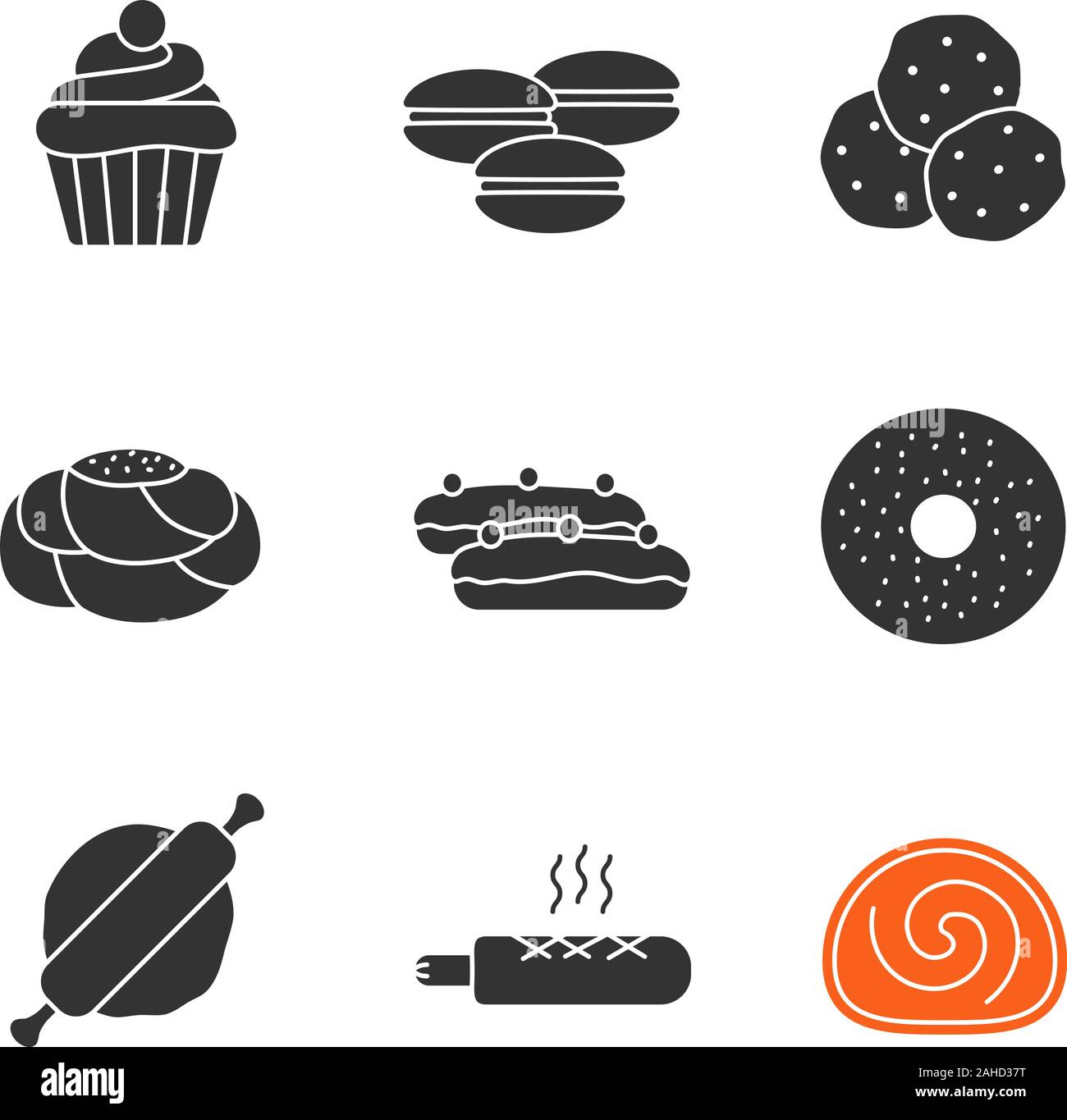 Glifo da forno set di icone. Tortina, macarons, scaglie di cioccolato, pasticceria pane, ECLAIR, bagel, mattarello, francese hot dog, swiss roll. Simboli di Silhouette. Illustrazione Vettoriale