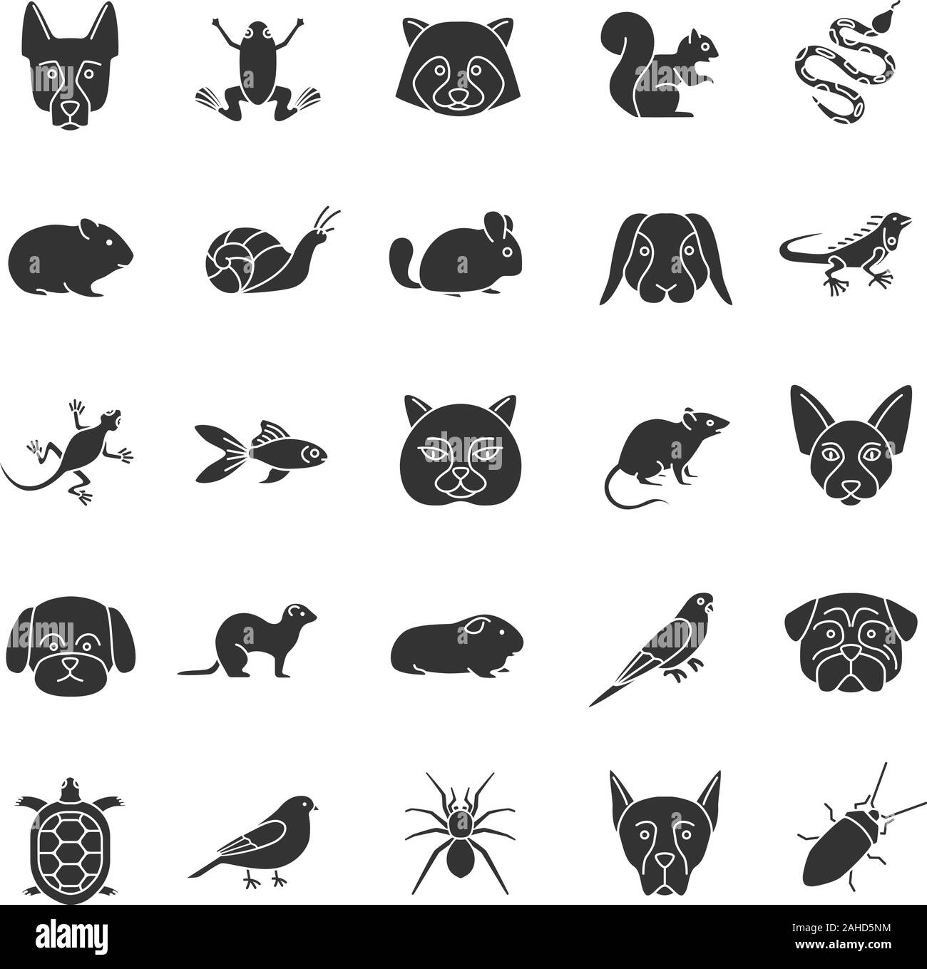 Animali domestici glifo set di icone. Animali esotici. Roditori, uccelli, rettili, insetti, cani e gatti. Simboli di Silhouette. Vettore illustrazione isolato Illustrazione Vettoriale