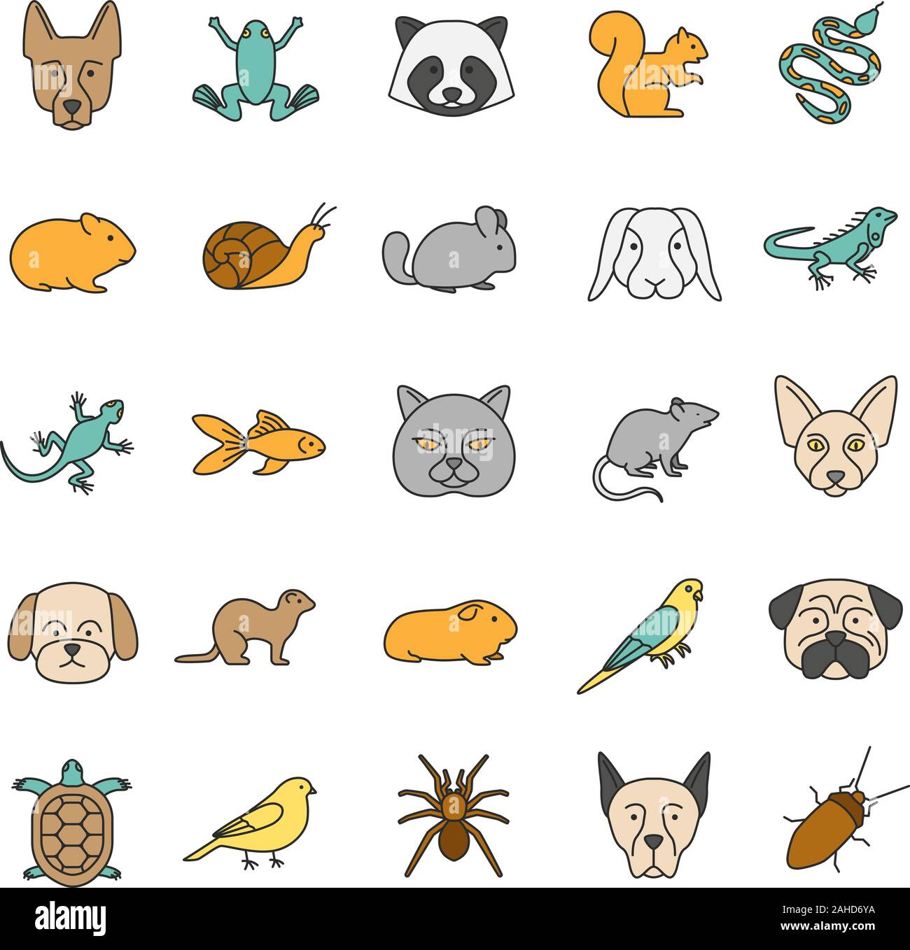 Animali domestici le icone a colori set. Animali esotici. Roditori, uccelli, rettili, insetti, cani e gatti. Isolato illustrazioni vettoriali Illustrazione Vettoriale