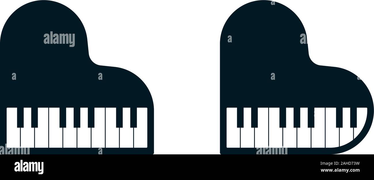 Simboli di pianoforte classico e forma di cuore forme. Strumenti musicali design icone. Illustrazione Vettoriale