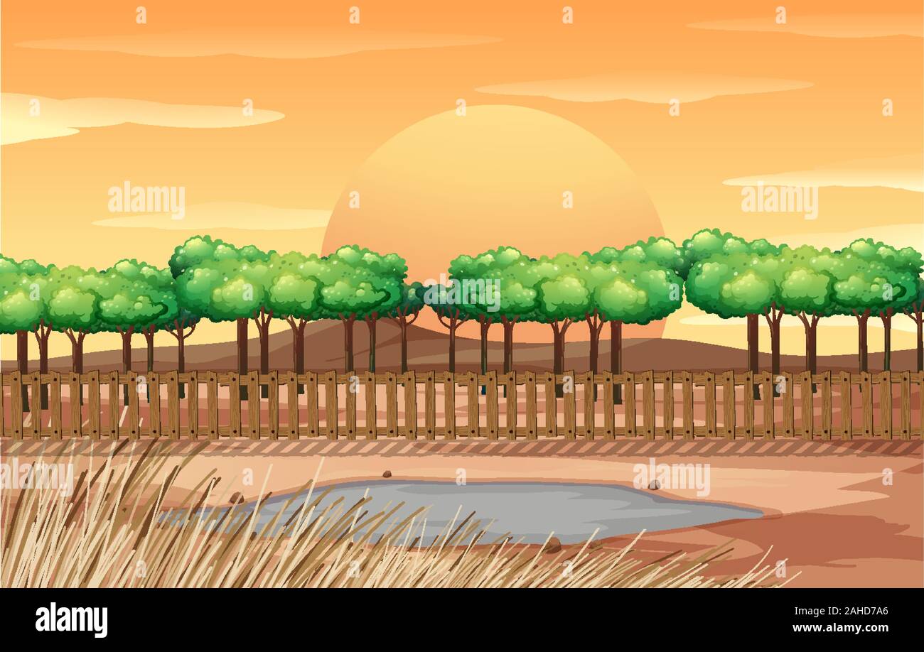 Scena di sfondo con recinto intorno allo stagno illustrazione Illustrazione Vettoriale