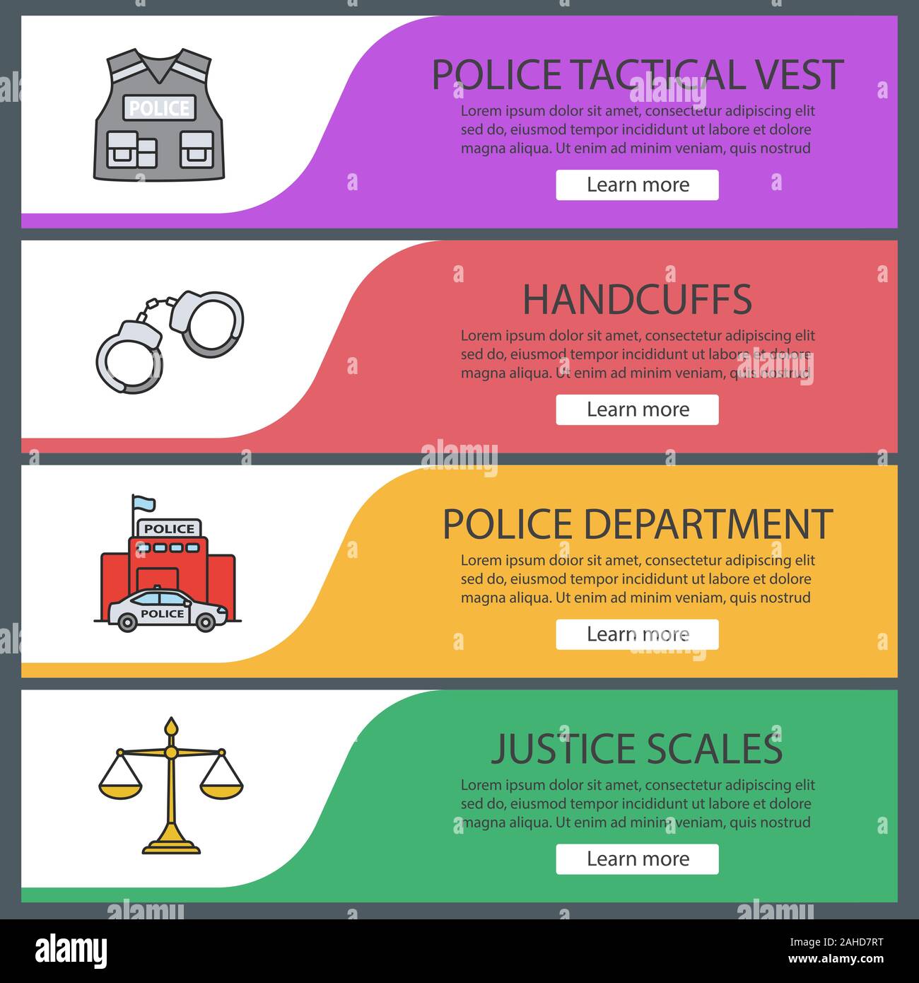 La polizia modelli di banner per il web set. Giubbotto antiproiettile, manette, il dipartimento di polizia di giustizia scale. Colore del sito le voci di menu. Le intestazioni del vettore conce di design Illustrazione Vettoriale