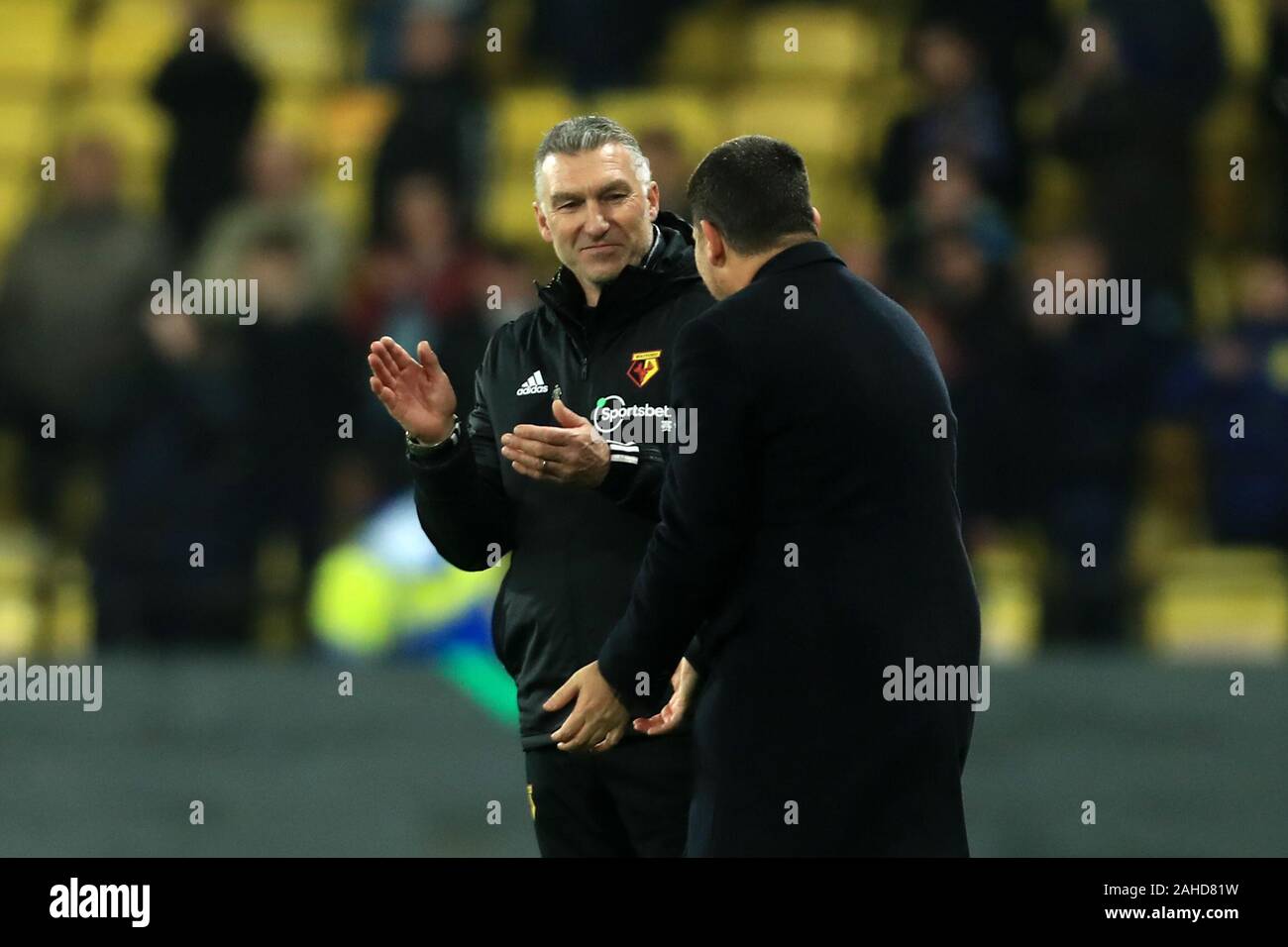 Watford, Regno Unito. 28 dicembre, 2019. Watford manager Nigel Pearson dopo il match di Premier League tra Watford e Aston Villa di Vicarage Road, Watford sabato 28 dicembre 2019. (Credit: Leila Coker | MI News) La fotografia può essere utilizzata solo per il giornale e/o rivista scopi editoriali, è richiesta una licenza per uso commerciale Credito: MI News & Sport /Alamy Live News Foto Stock