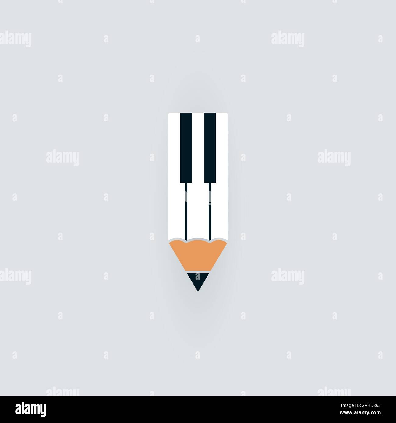 Tastiera di pianoforte simboli con matita. Abstract musica e istruzione logo design. Illustrazione Vettoriale