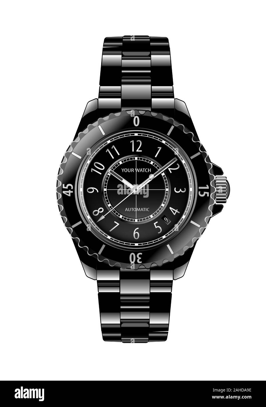 Realistico nero orologio da polso cronografo metallic bianco numero di lusso design su sfondo bianco illustrazione vettoriale. Illustrazione Vettoriale