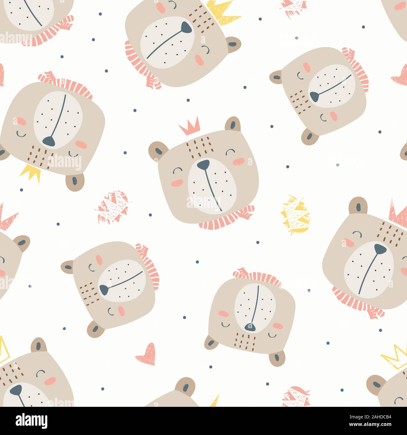 Seamless pattern infantile testa di orso con corona in uno sfondo bianco Illustrazione Vettoriale