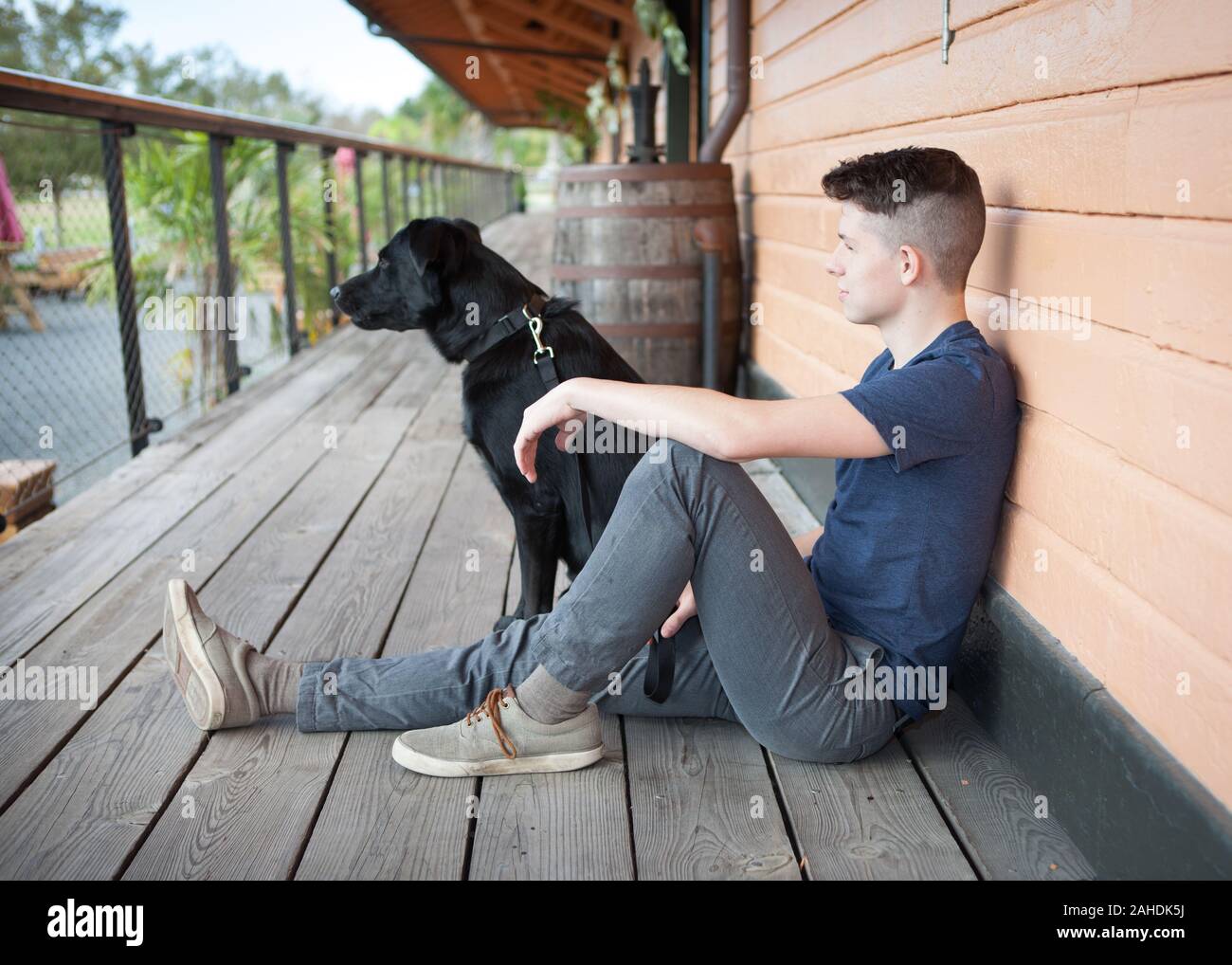 Un ragazzo e il suo cane sul portico Foto Stock