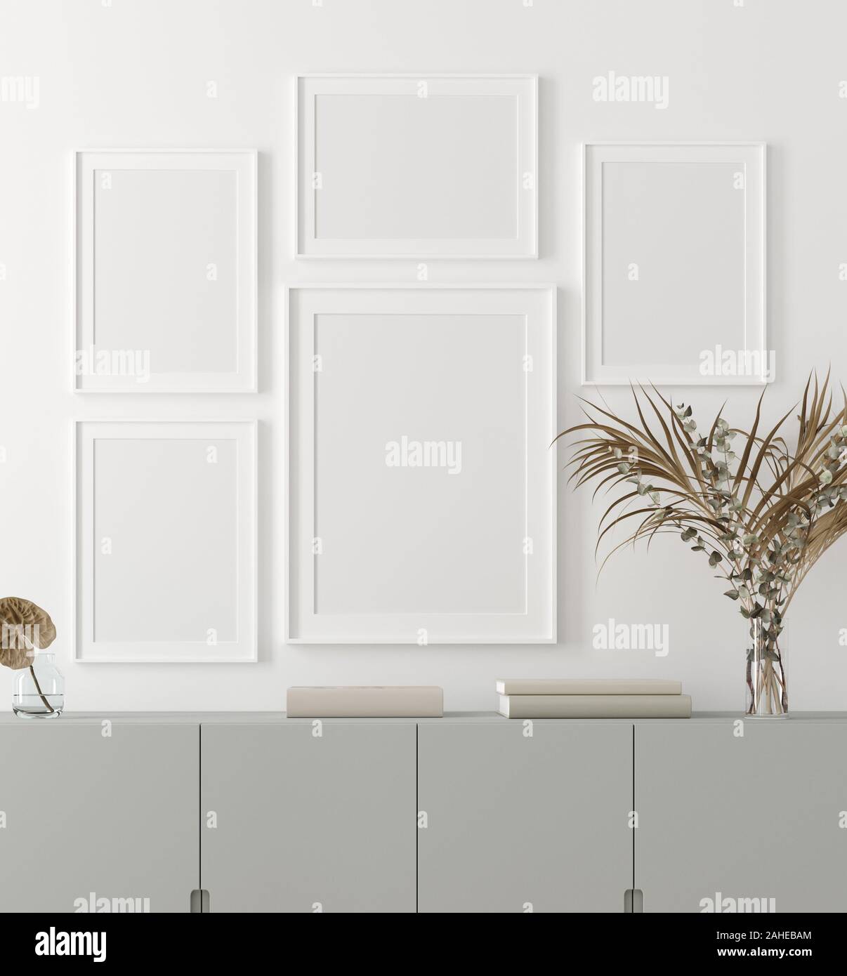 Mock-up fotogramma poster con piante e cassettiera in piedi vicino al muro, stile scandinavo, 3D render Foto Stock