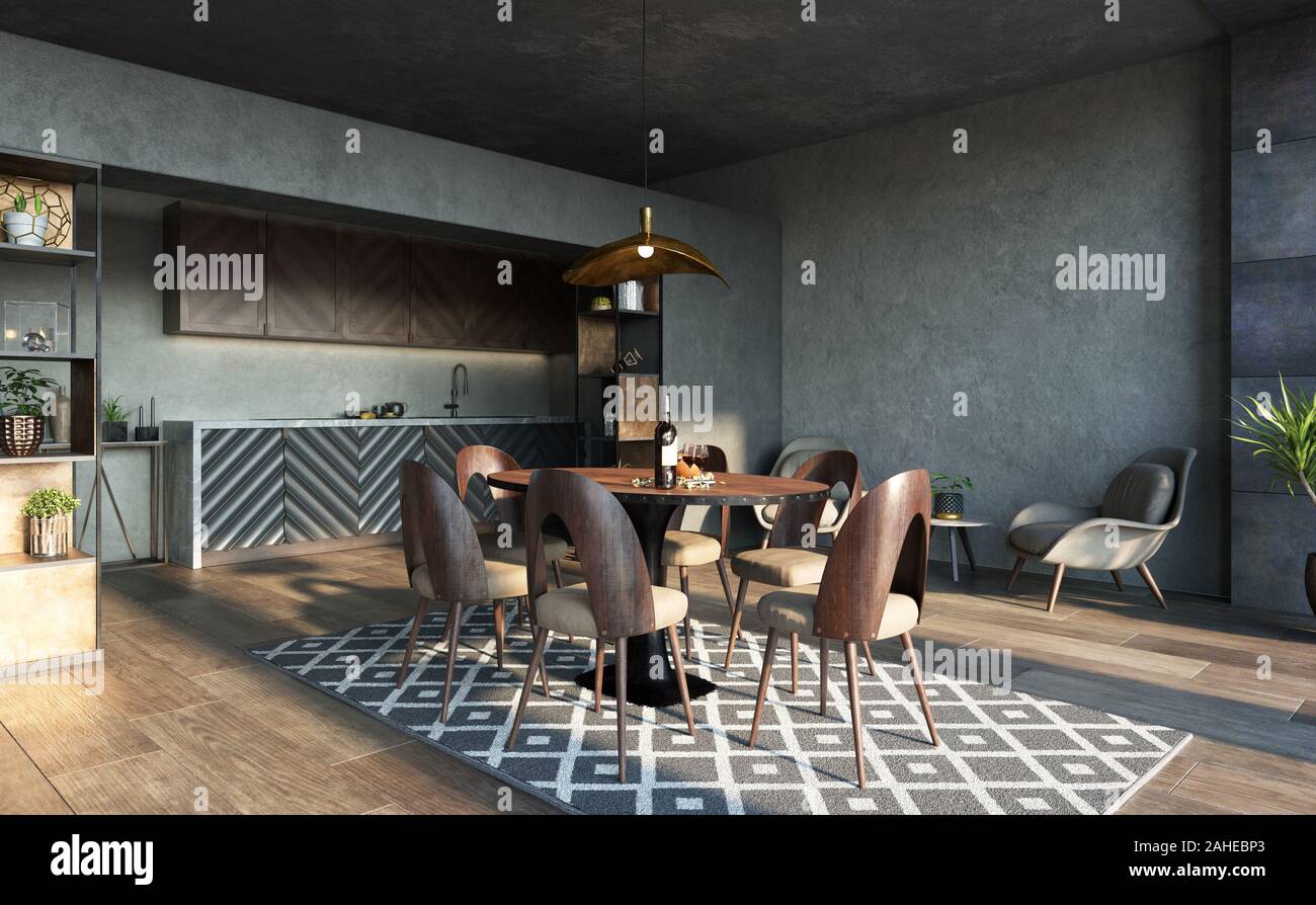 Cucina interno nel soppalco, stile industriale, 3D render Foto Stock