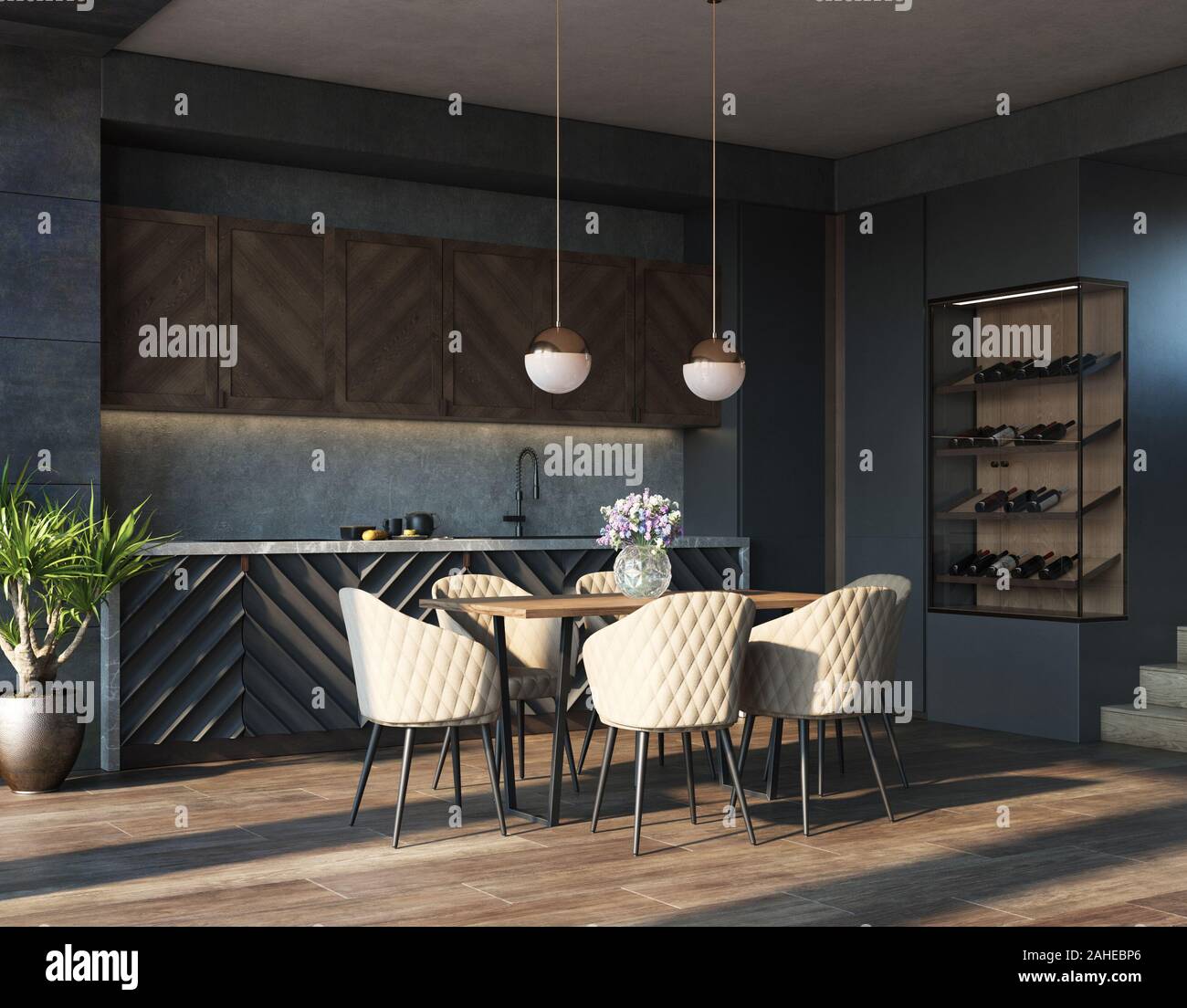 Cucina interno nel soppalco, stile industriale, 3D render Foto Stock Cucina interno nel soppalco, stile industriale, 3D render Foto Stock