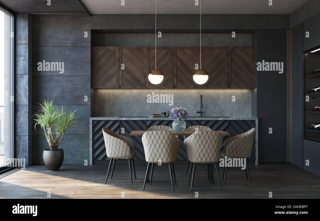 Cucina interno nel soppalco, stile industriale, 3D render Foto Stock Cucina interno nel soppalco, stile industriale, 3D render Foto Stock