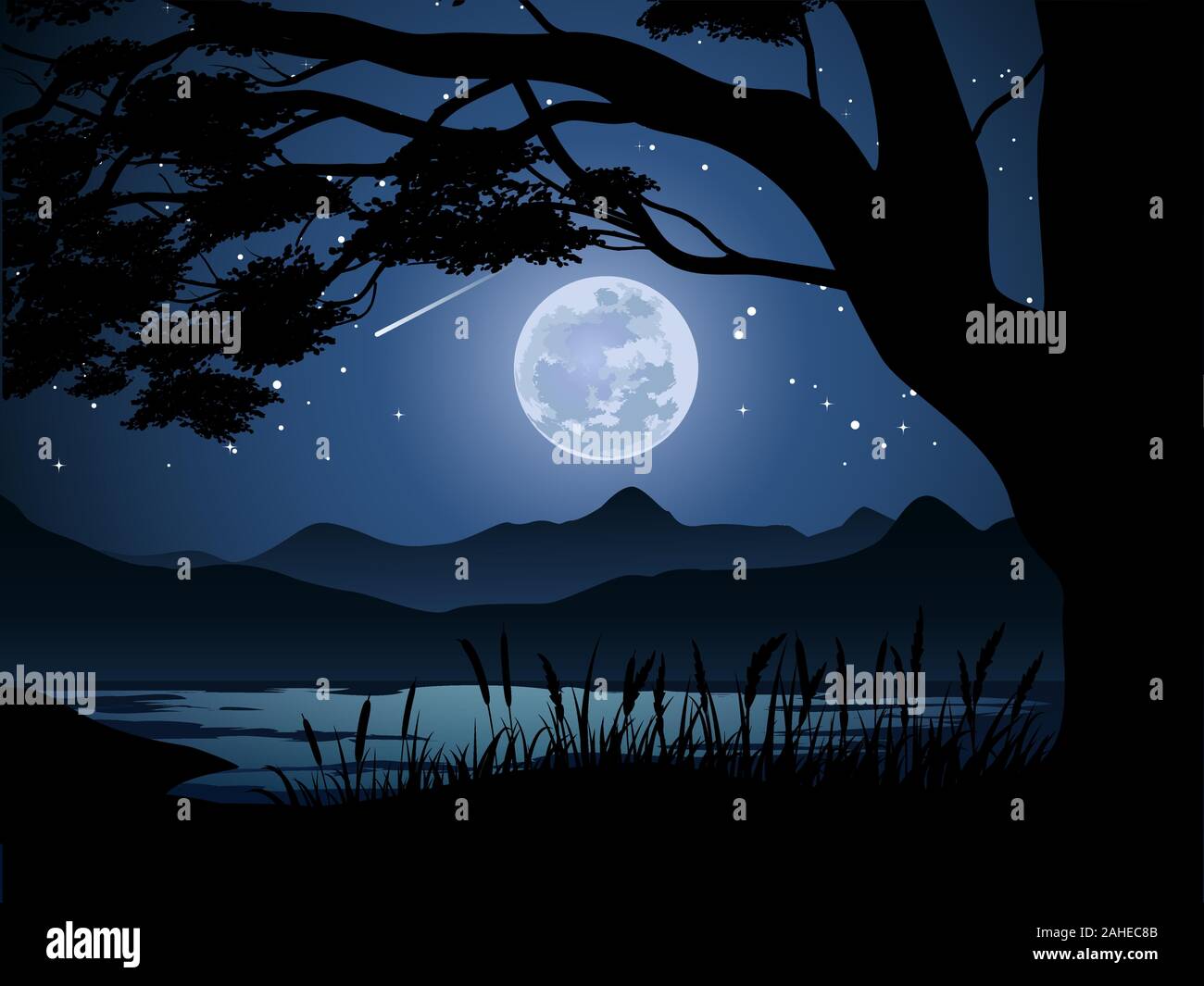Grande albero di notte con la luna piena Illustrazione Vettoriale