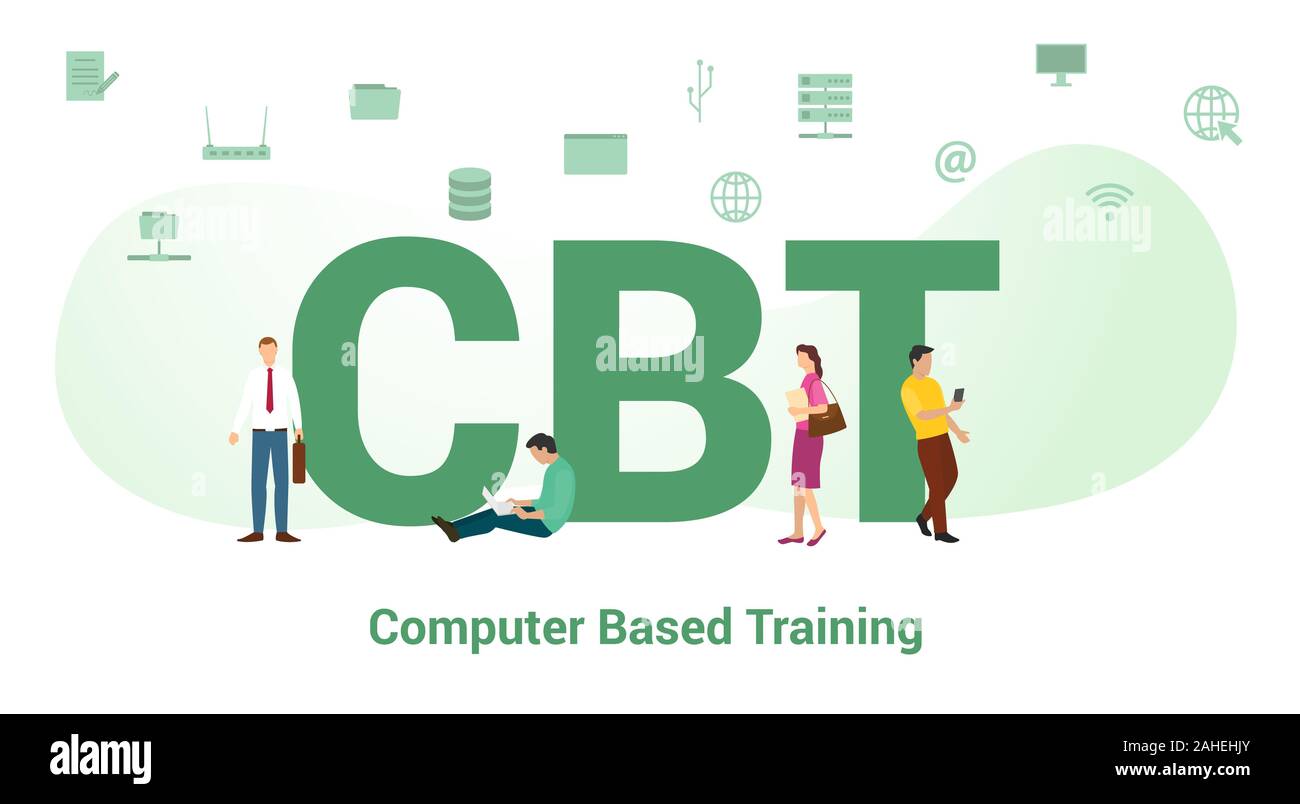 Cbt computer based training concetto con grande parola o il testo e il team di persone con un moderno stile piatto - illustrazione vettoriale Foto Stock