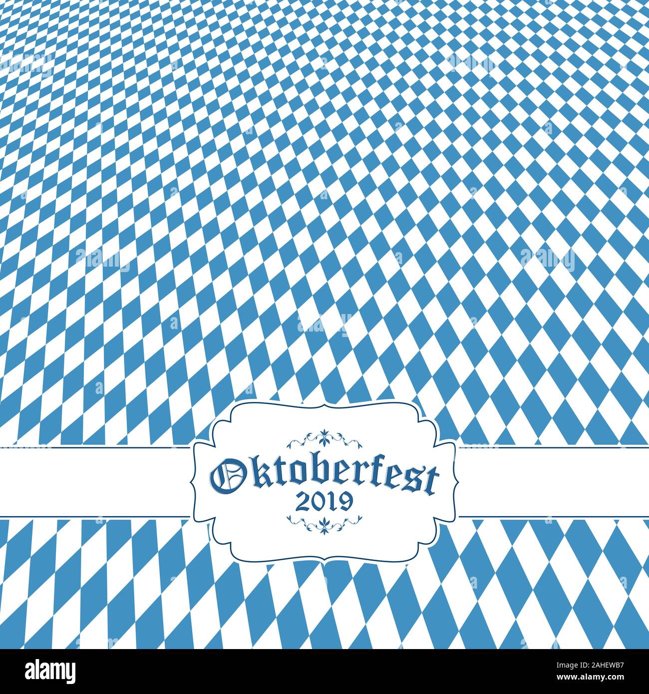 Oktoberfest con sfondo blu-bianco motivo a scacchi, banner e testo Oktoberfest 2019 (in tedesco) Illustrazione Vettoriale