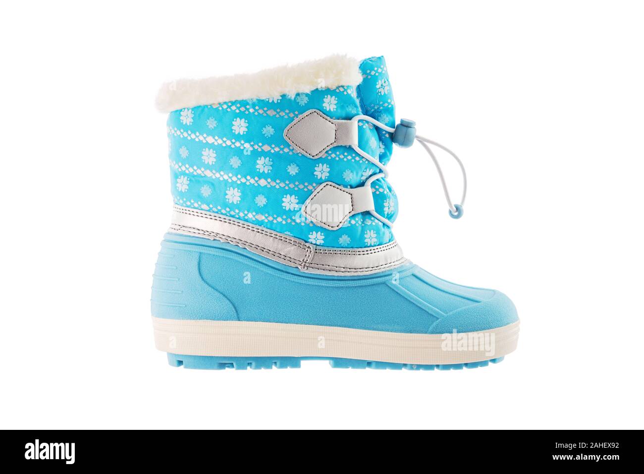 Winter Snow Boots blu su sfondo bianco. Foto Stock