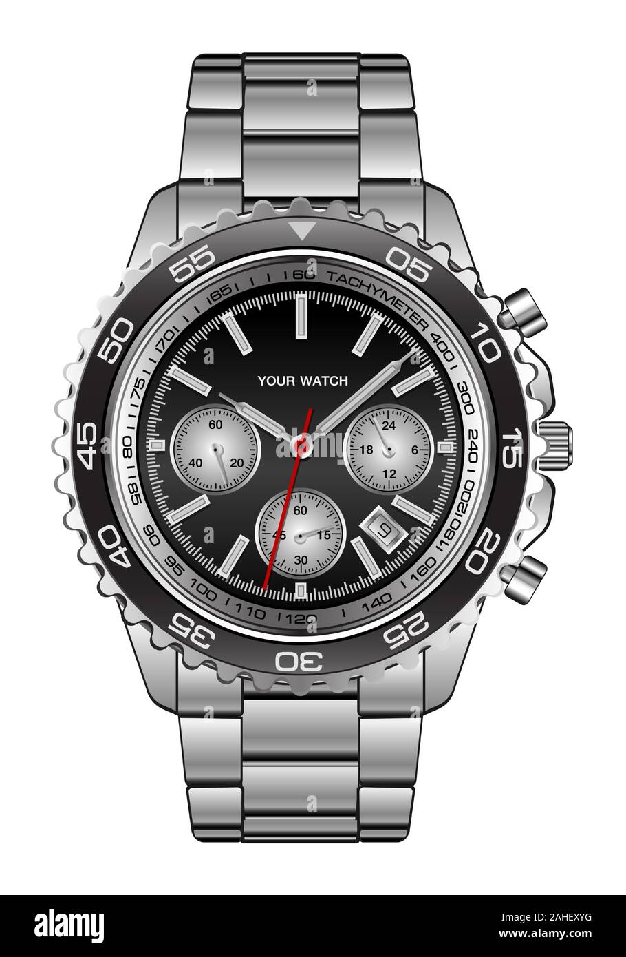 Orologio da polso realistico volto nero cronografo acciaio lusso per gli uomini su sfondo bianco illustrazione vettoriale. Illustrazione Vettoriale