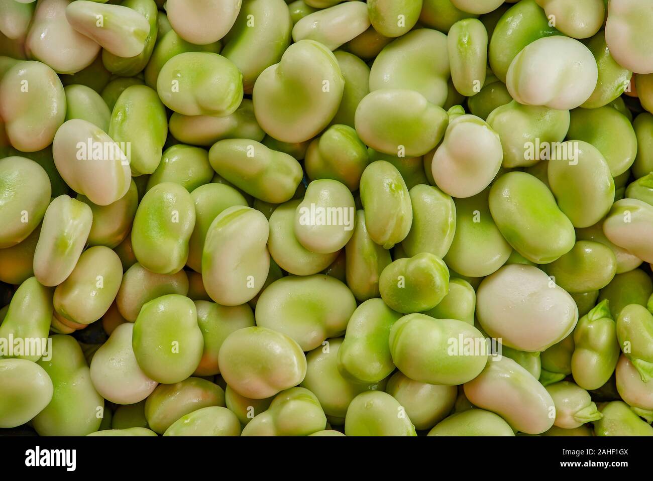 Aperto fresco pelato verde fagiolo di soia sfondo del raccolto Foto Stock