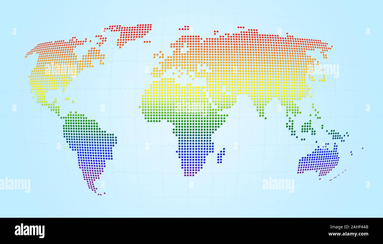 Punteggiato Mappa mondo liscio con gradiente di colore su fondo azzurro. Movimento LGBT la bandiera arcobaleno di colori. Alta risoluzione concetto illustrazione. Foto Stock Punteggiato Mappa mondo liscio con gradiente di colore su fondo azzurro. Movimento LGBT la bandiera arcobaleno di colori. Alta risoluzione concetto illustrazione. Foto Stock