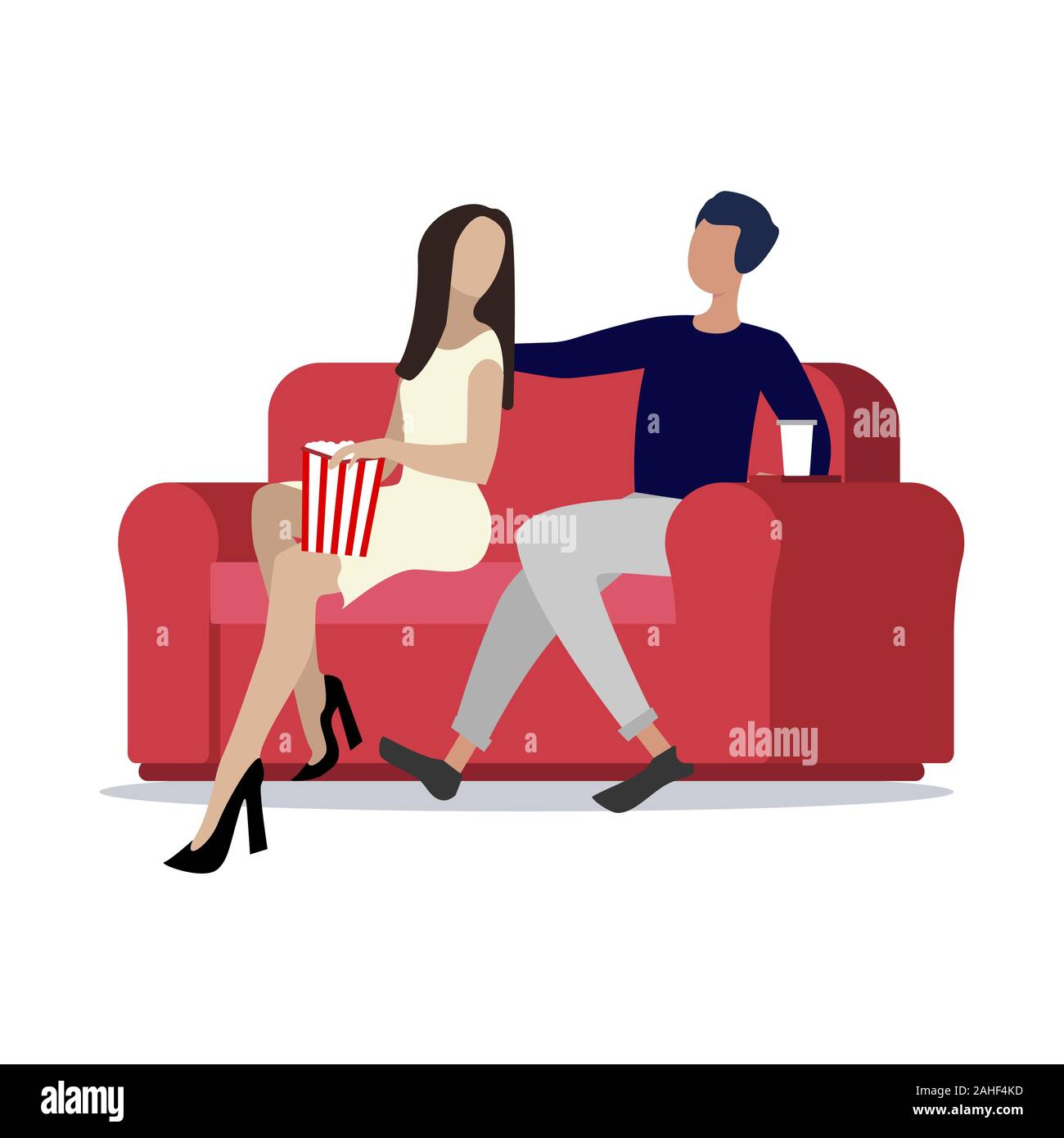 Giovane con popcorn seduta nel cinema. Cinema Popcorn movie, spettatore e la cinematografia, film di intrattenimento illustrazione Illustrazione Vettoriale