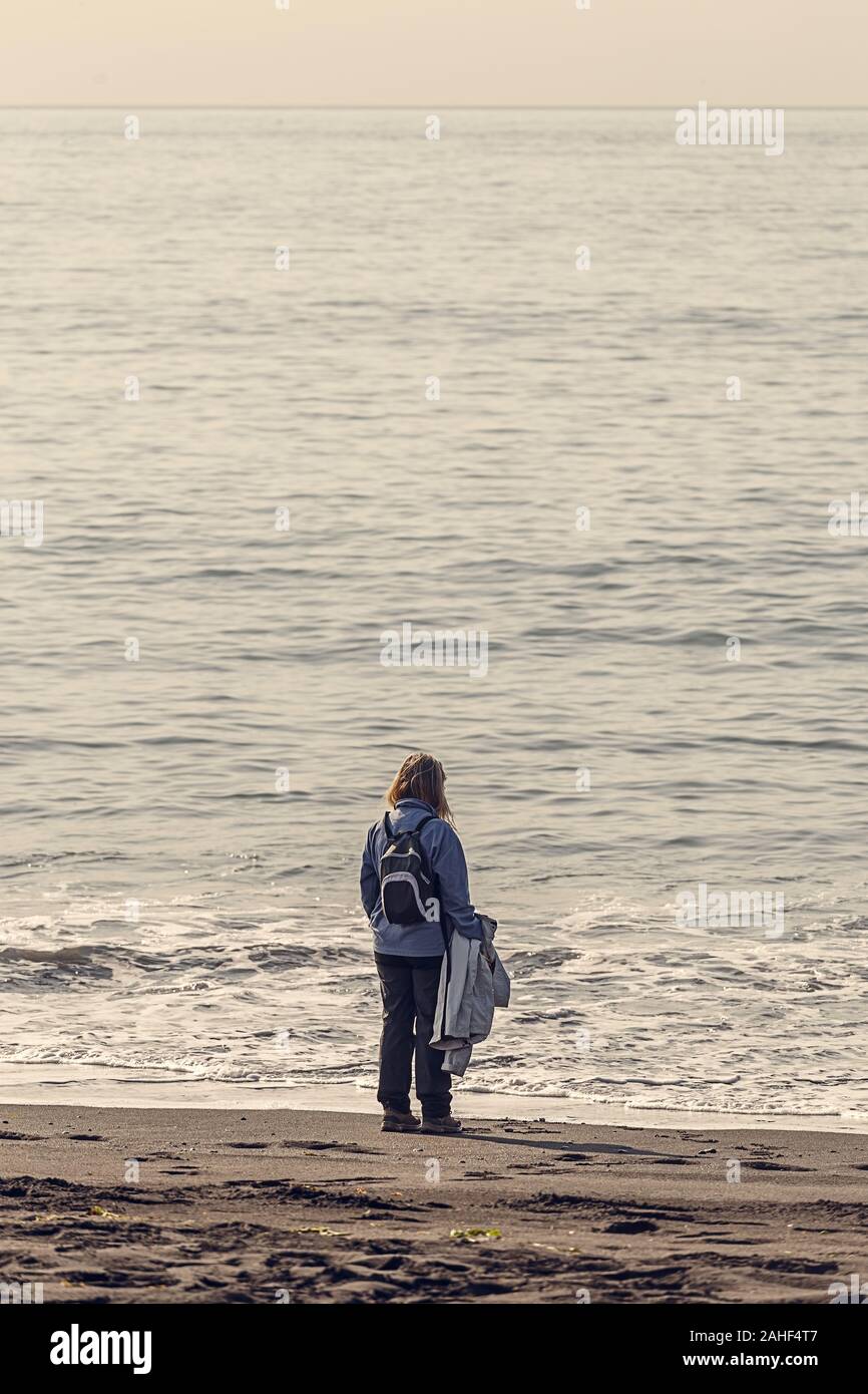 Serena scena di una donna che guarda il mare in spiaggia Foto Stock