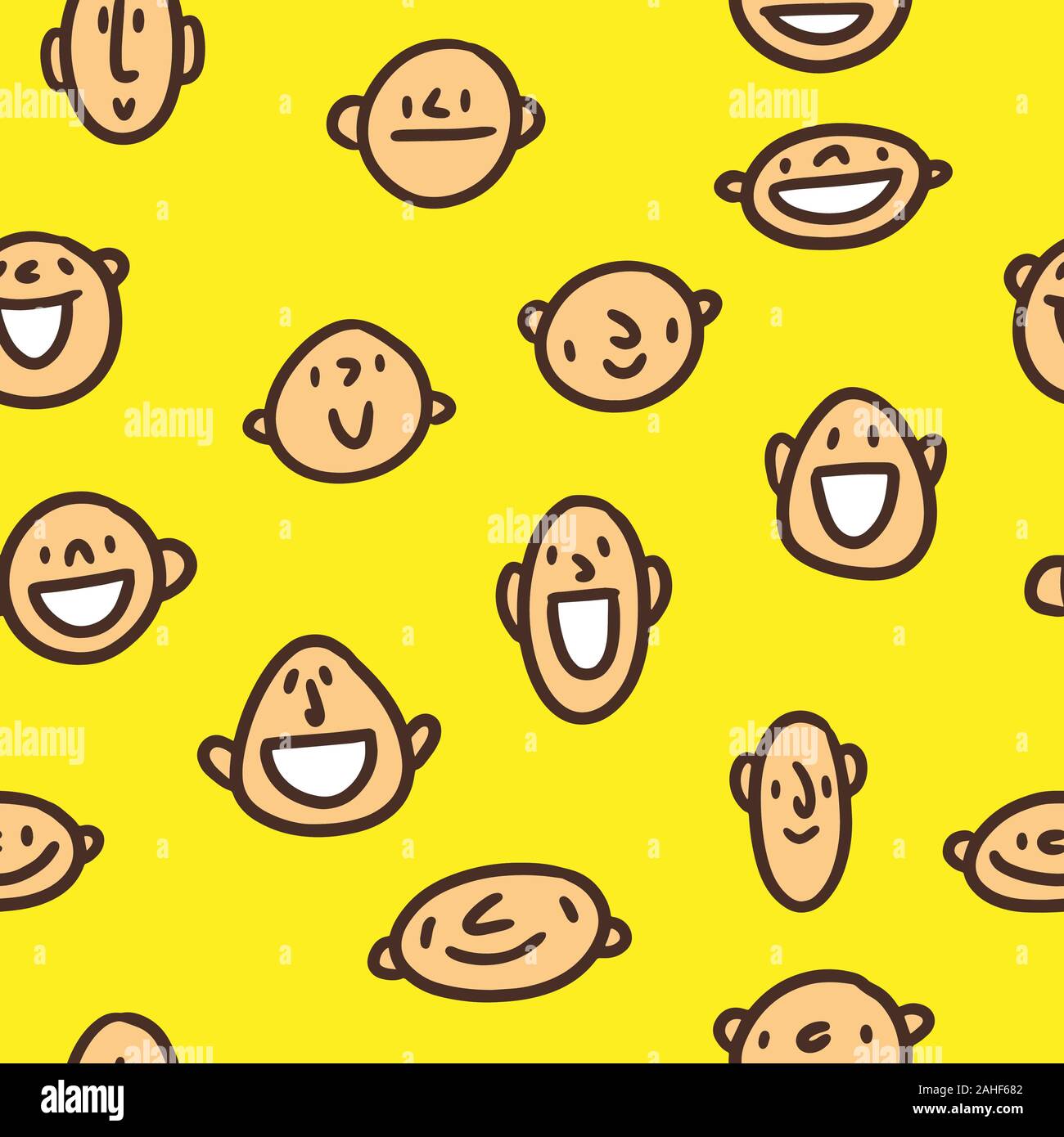 Allegro seamless pattern con colore facce buffe su giallo buckground. Modello con il popolo sorridente capi Illustrazione Vettoriale