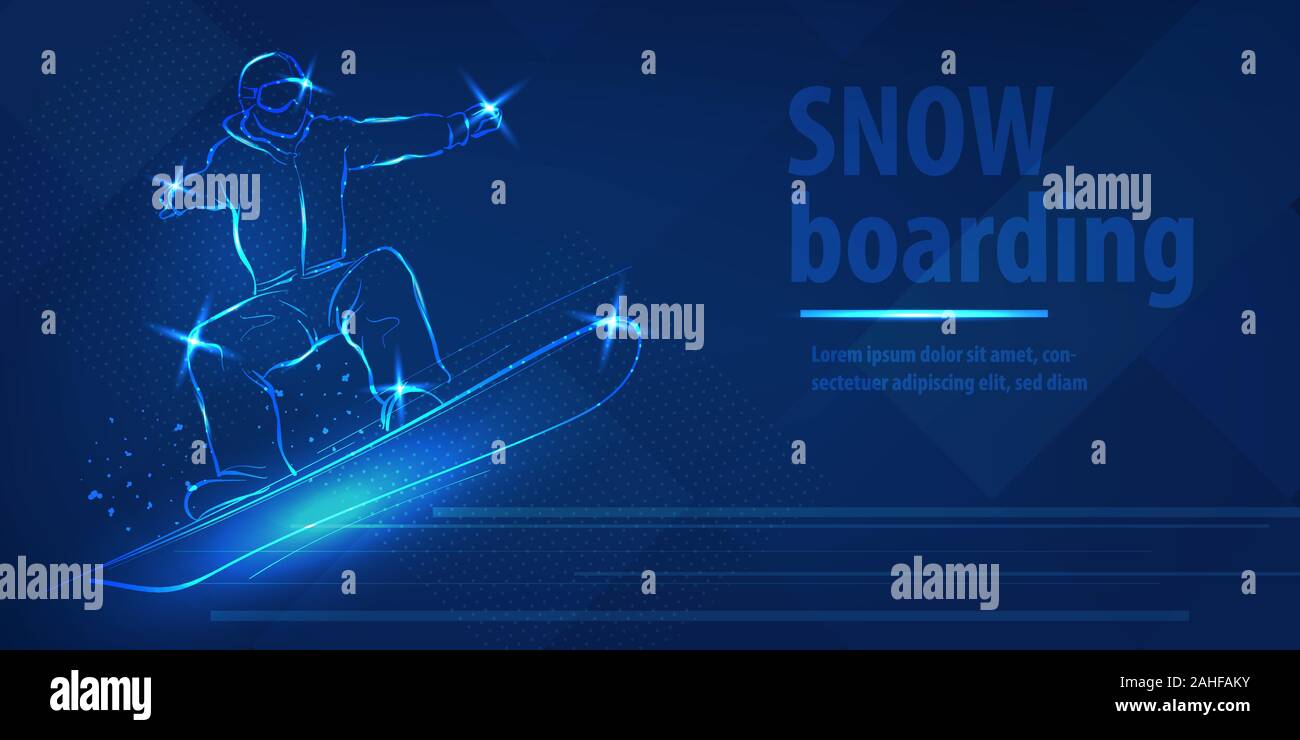 Snowboard uomo figura jumping sport neon blu banner Illustrazione Vettoriale