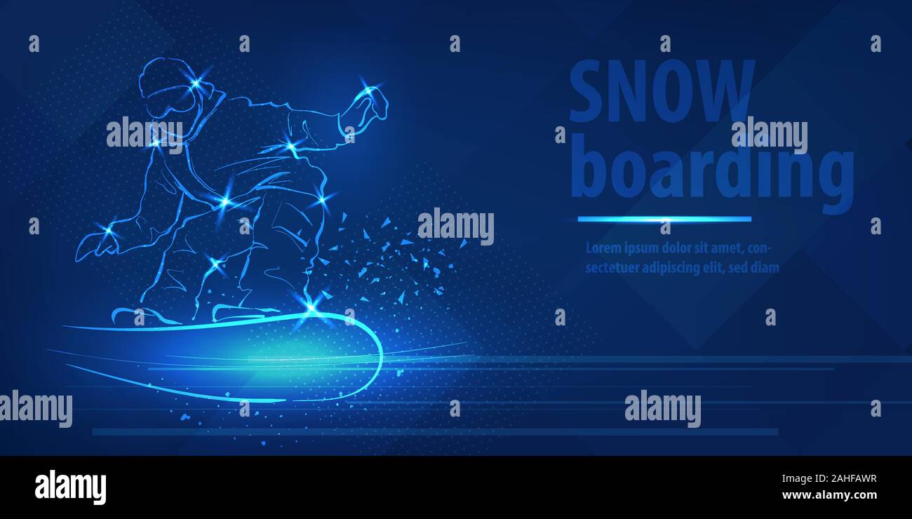 Snowboard uomo figura jumping sport neon blu banner Illustrazione Vettoriale