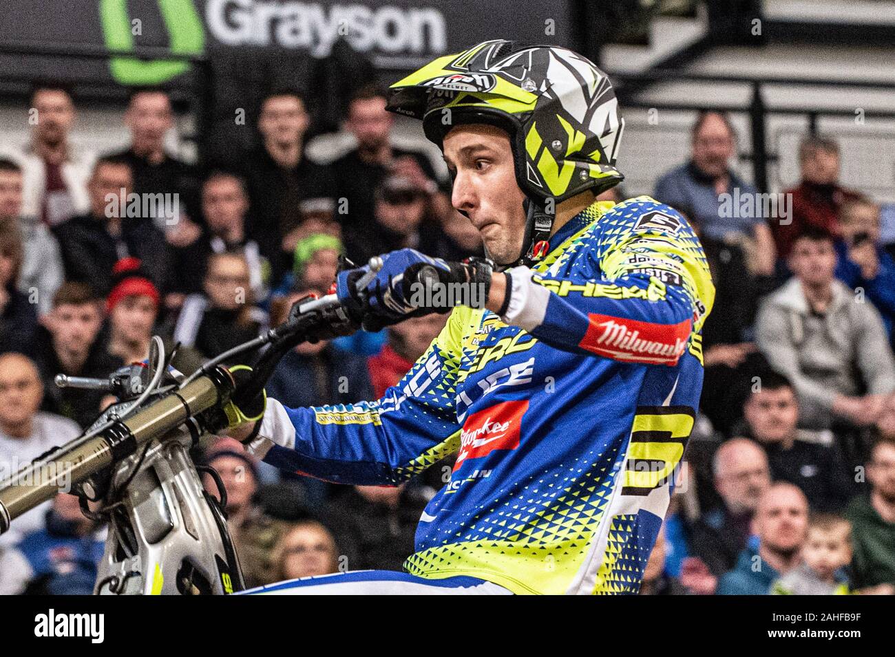 Sheffield, Regno Unito. 28 dicembre, 2019. Jack pace, UK (Sherco) durante il venticinquesimo anniversario di Sheffield Trial Indoor all'FlyDSA Arena, Sheffield sabato 28 dicembre 2019. (Credit: Ian Charles | MI News) Credito: MI News & Sport /Alamy Live News Foto Stock