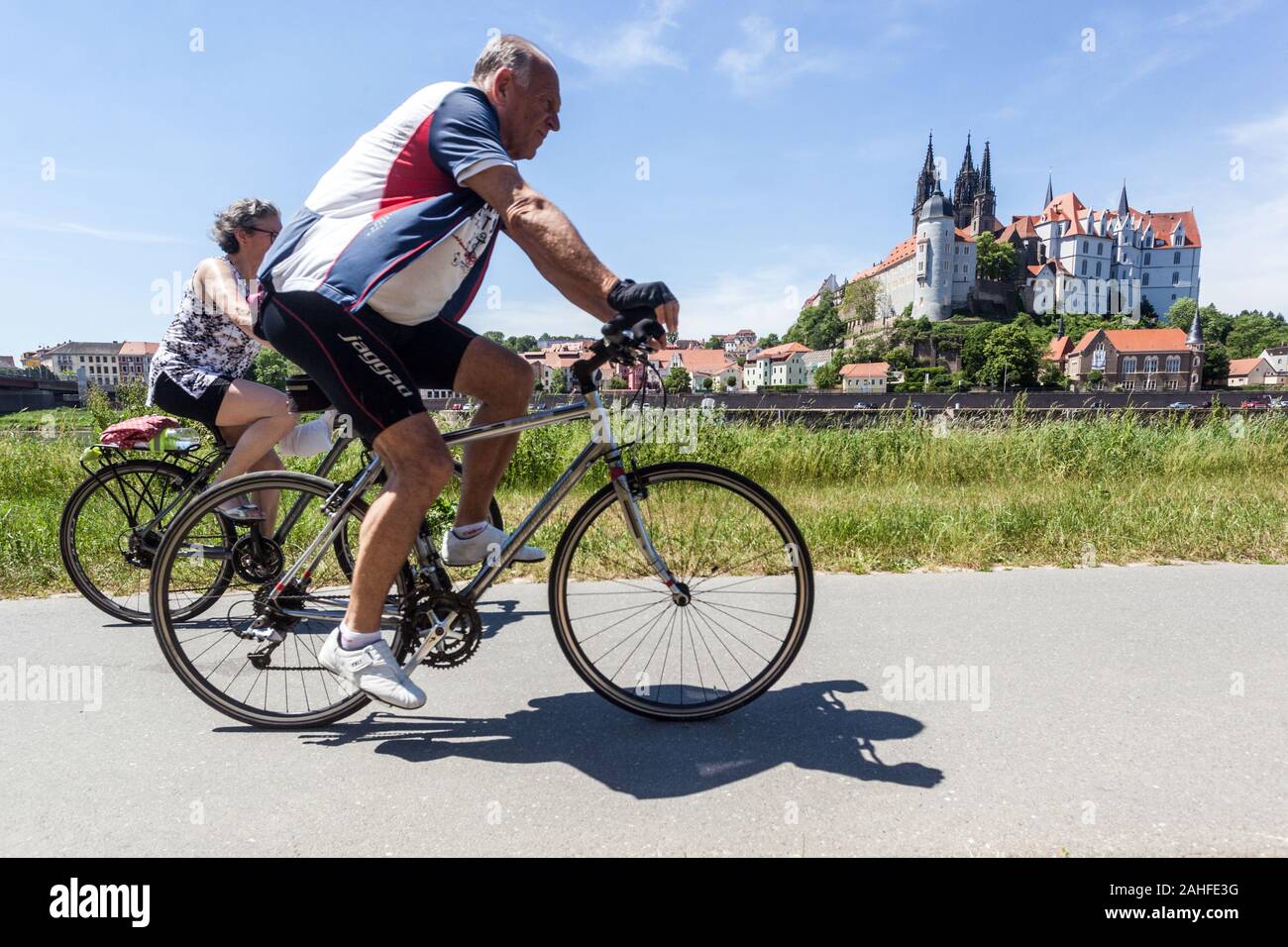 Meissen Germania anziani in bicicletta lungo il fiume Elba in bicicletta Meissen Germania ciclabile Sassonia bicicletta Germania in bicicletta anziani Foto Stock