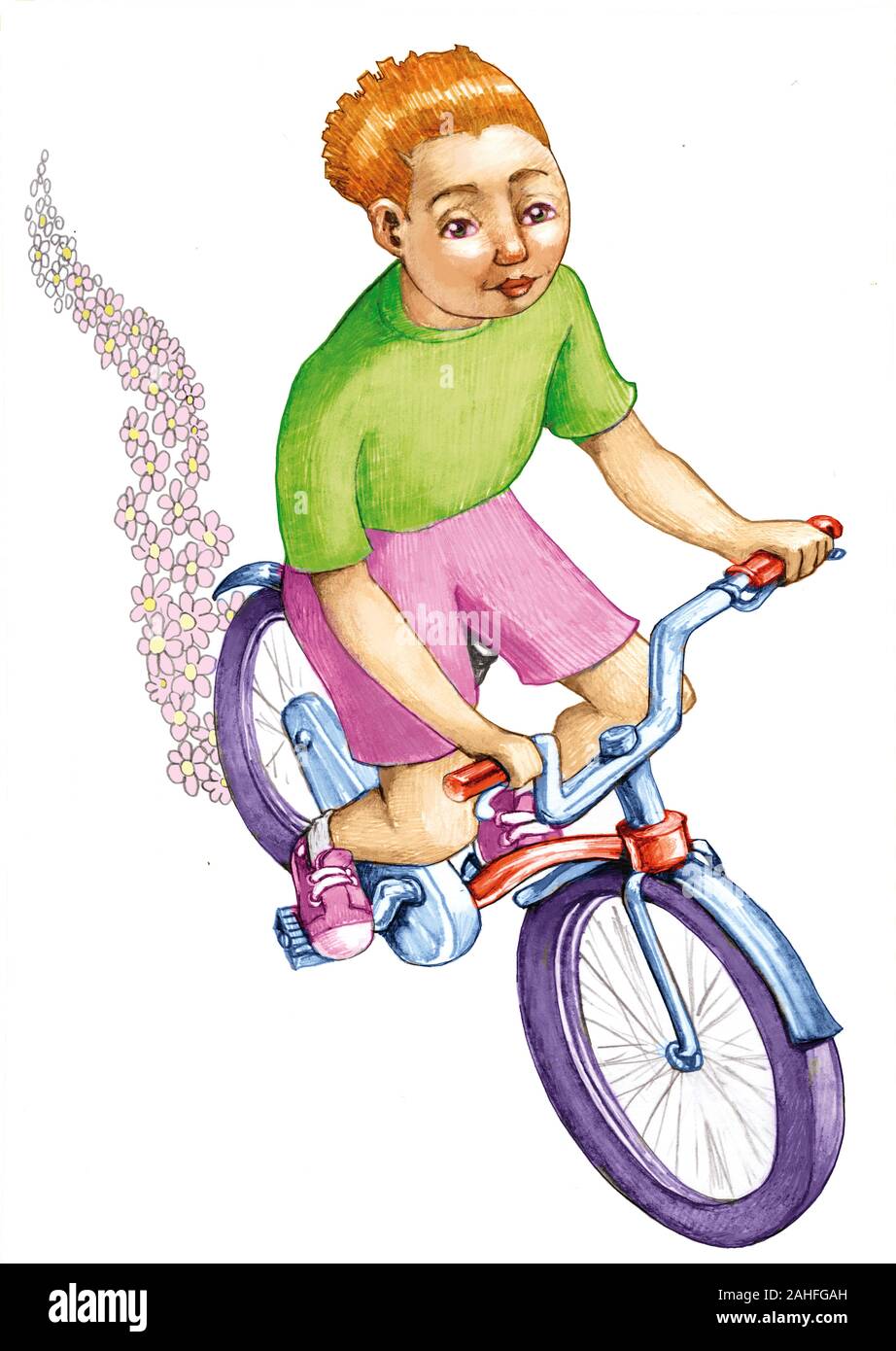 Ragazza in pantaloni corti bicicletta del pedale si lascia alle spalle il suo sentiero dei fiori allegoria della non-trasporto di inquinanti Foto Stock