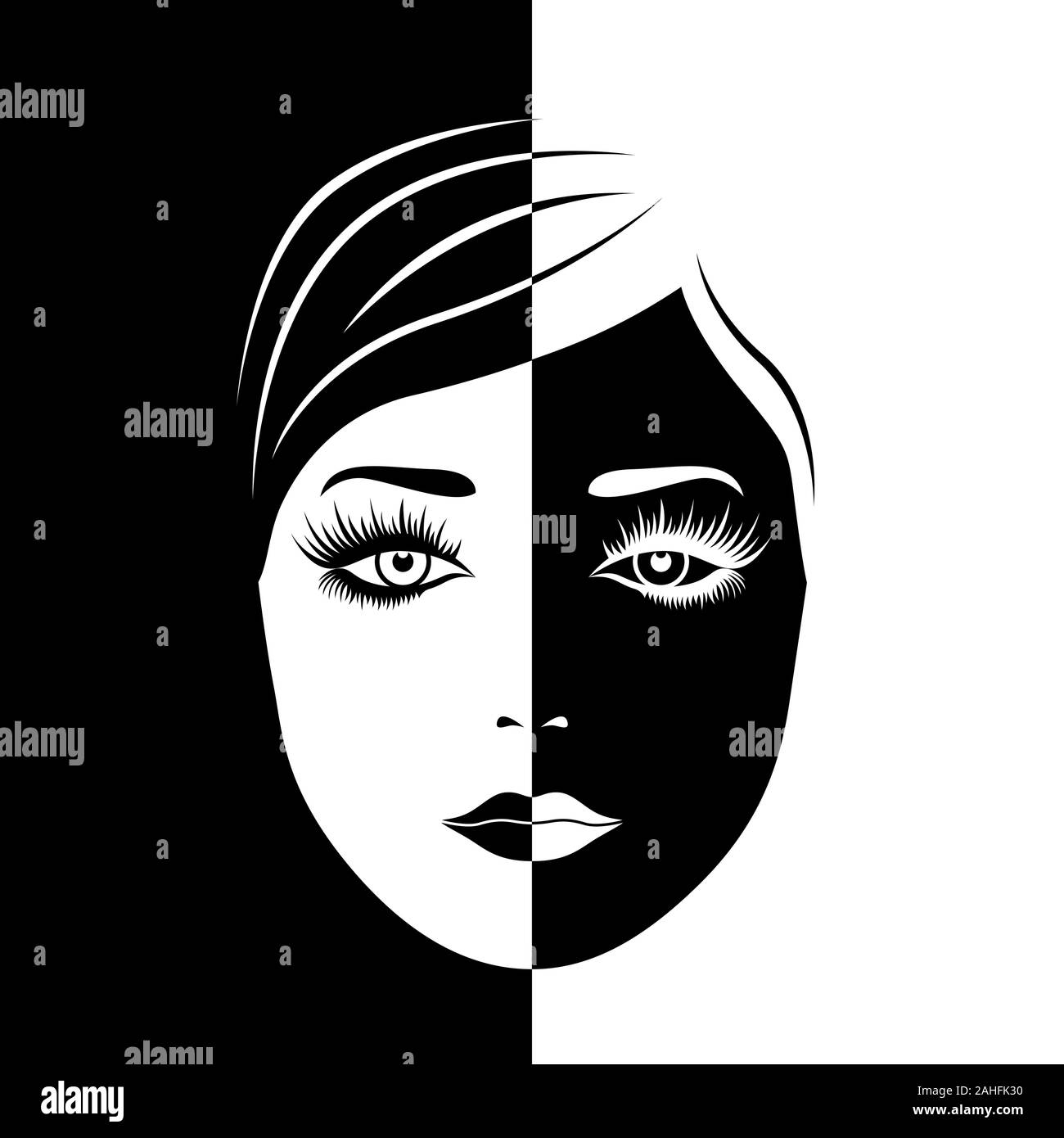 Abstract bellissimo volto di donna divisa in negativo e positivo, lo spazio in bianco e nero di espressione concettuale, mano disegno illustrativo Illustrazione Vettoriale