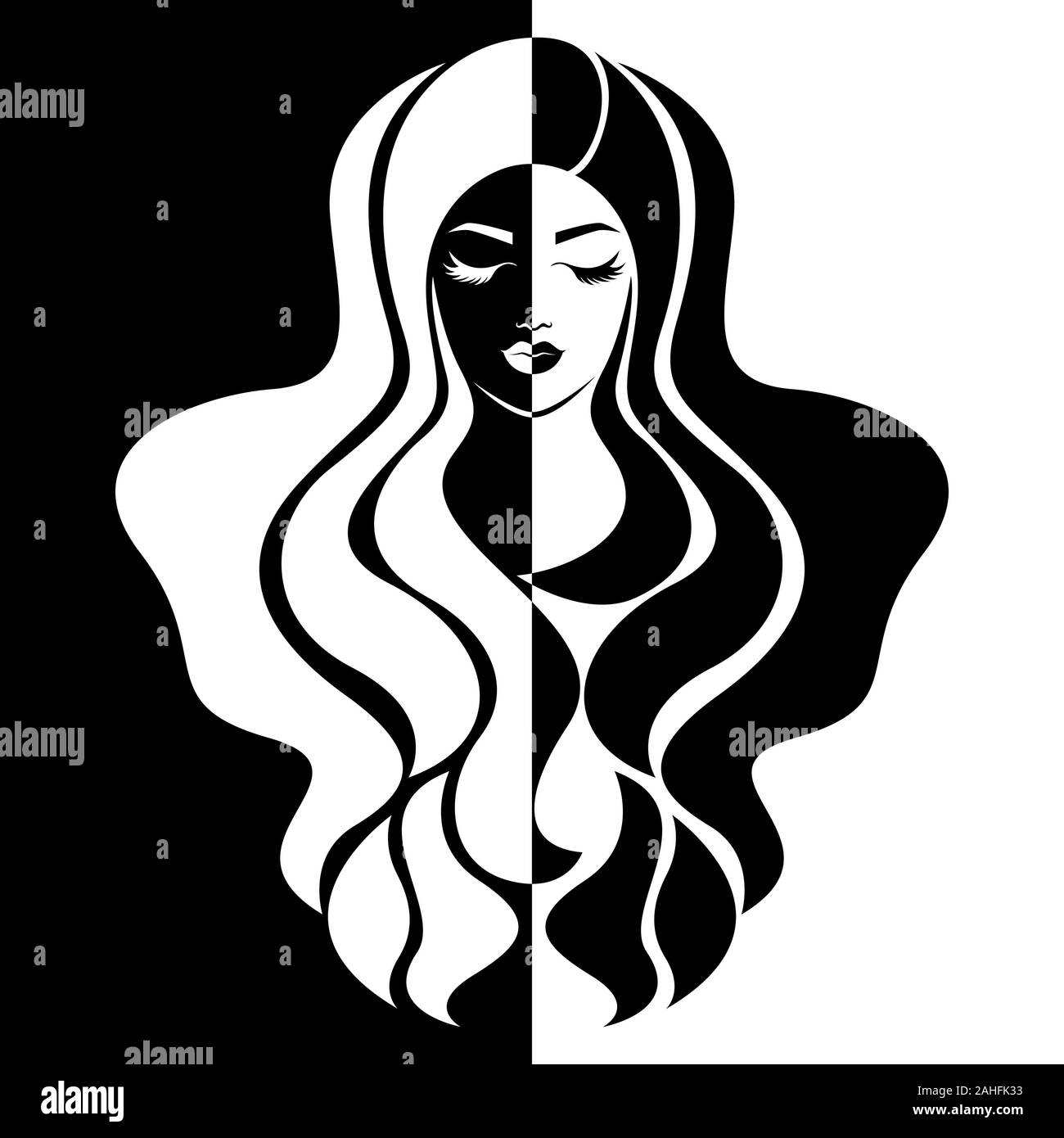 Abstract attraente volto di donna con gli occhi chiusi diviso in negativo e positivo, lo spazio in bianco e nero di espressione concettuale, disegno a mano illustrati Illustrazione Vettoriale
