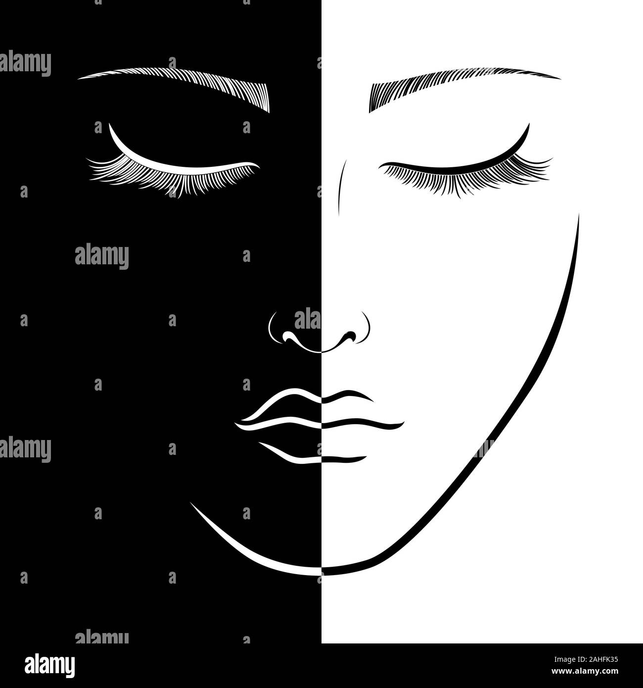 Abstract di affascinante volto di donna con gli occhi chiusi diviso in negativo e positivo, lo spazio in bianco e nero di espressione concettuale, disegno a mano illustrat Illustrazione Vettoriale