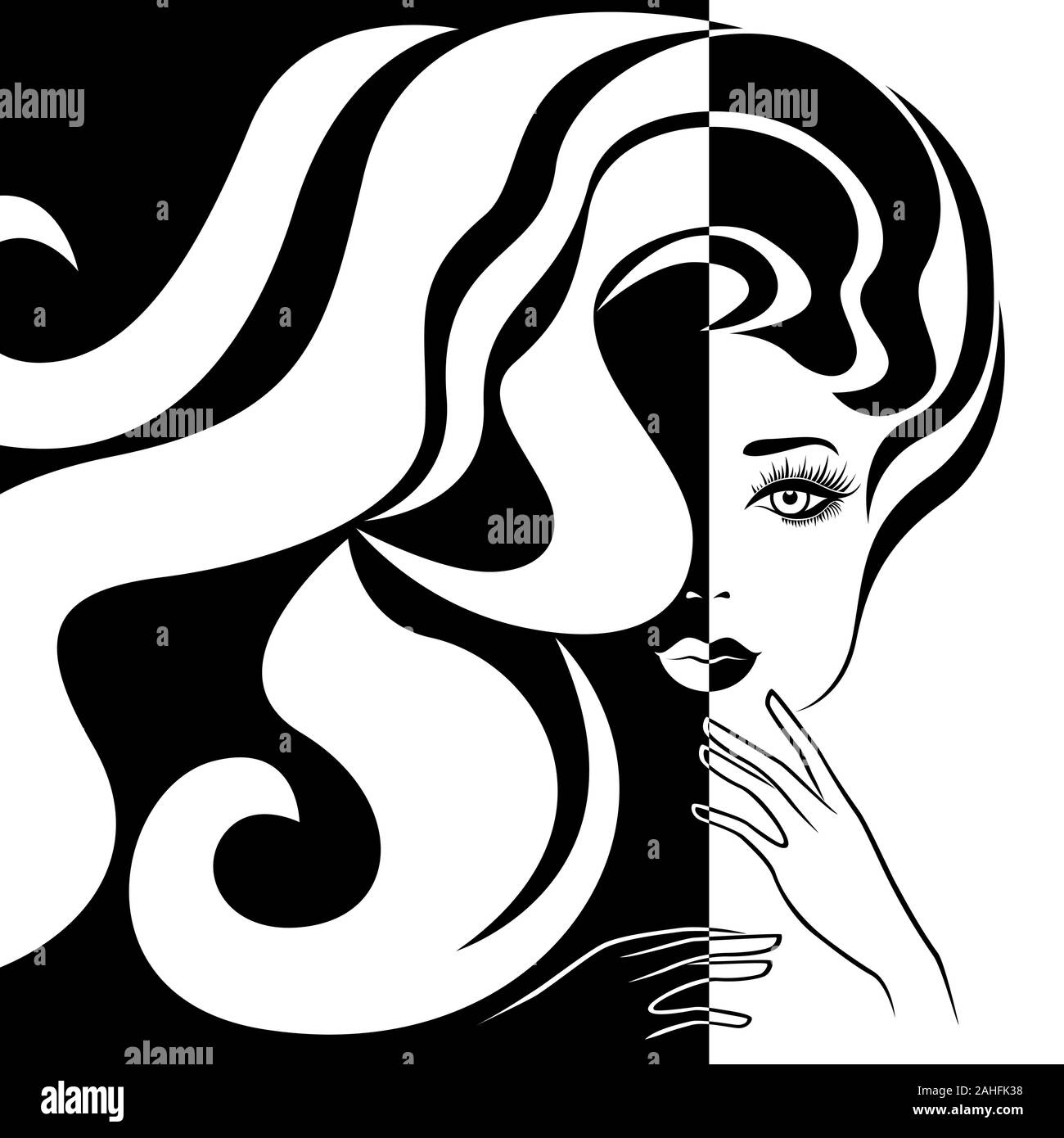 Abstract attraente donna con capelli lunghi divisi in Negativo Positivo lo spazio in bianco e nero di espressione concettuale, mano disegno illustrativo Illustrazione Vettoriale