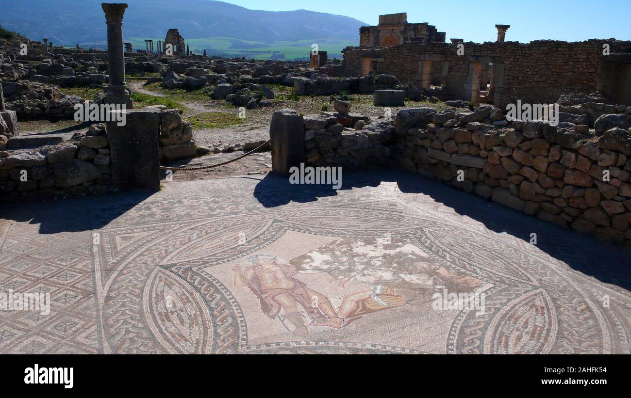 Mosaico romano a Volubilis Città romana rovine in Marocco Foto Stock