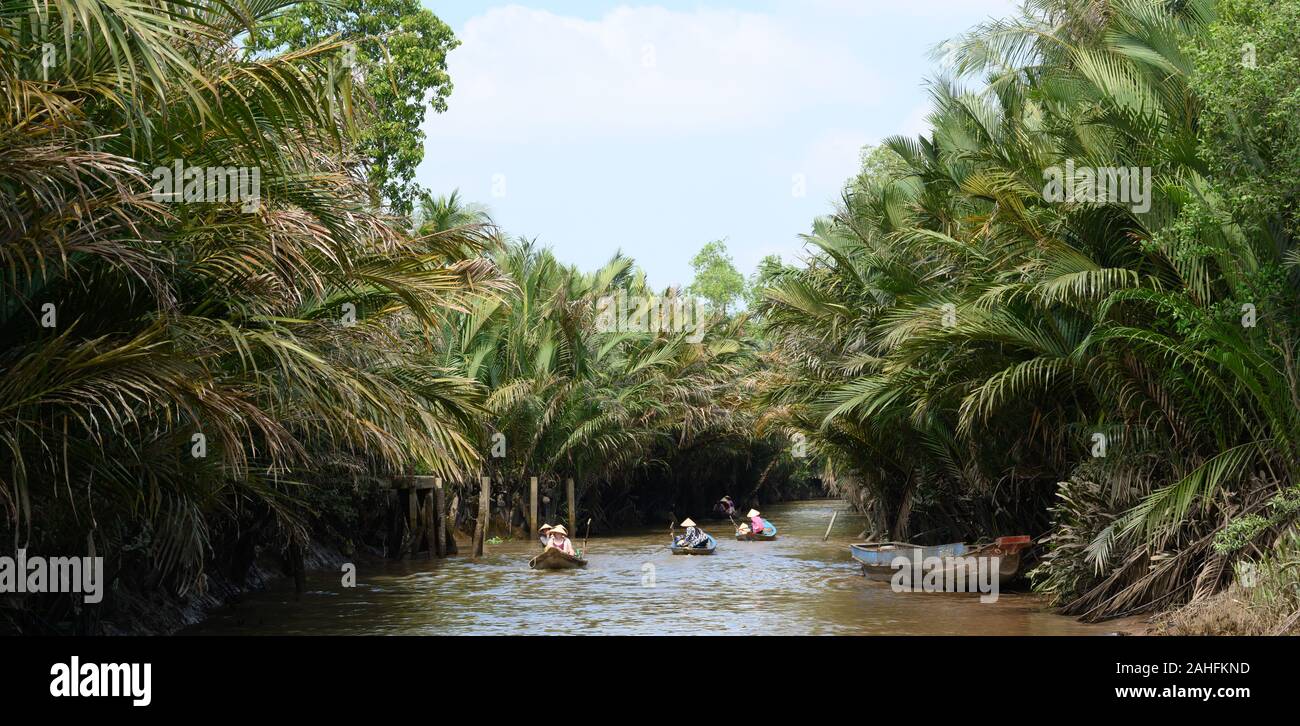 Delta del Mekong, Vietnam del Sud, famosa per i suoi mercati galleggianti Foto Stock