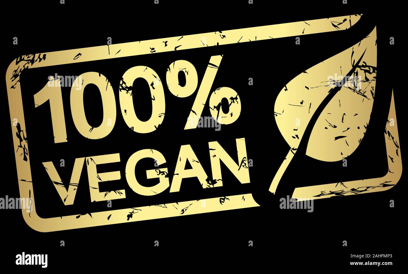 Oro timbro grunge con telaio, grandi foglie e testo 100% vegan Illustrazione Vettoriale