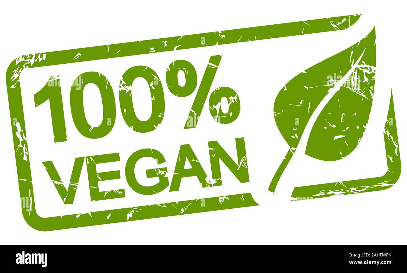 Green Grunge timbro con telaio grande foglia e testo 100% VEGAN Illustrazione Vettoriale