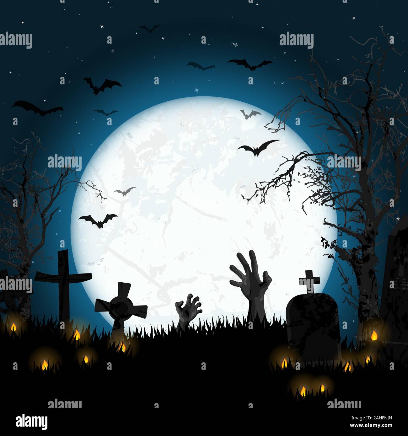 EPS 10 illustrazione vettoriale con mani zombie nella parte anteriore della luna piena con scary elementi illustrati per Halloween layout di sfondo Illustrazione Vettoriale