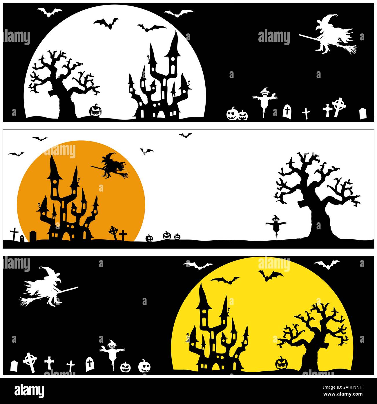 Raccolta di sfondi panorama con dark castle e strega nella parte anteriore della luna piena con scary elementi illustrati per i layout di Halloween Illustrazione Vettoriale
