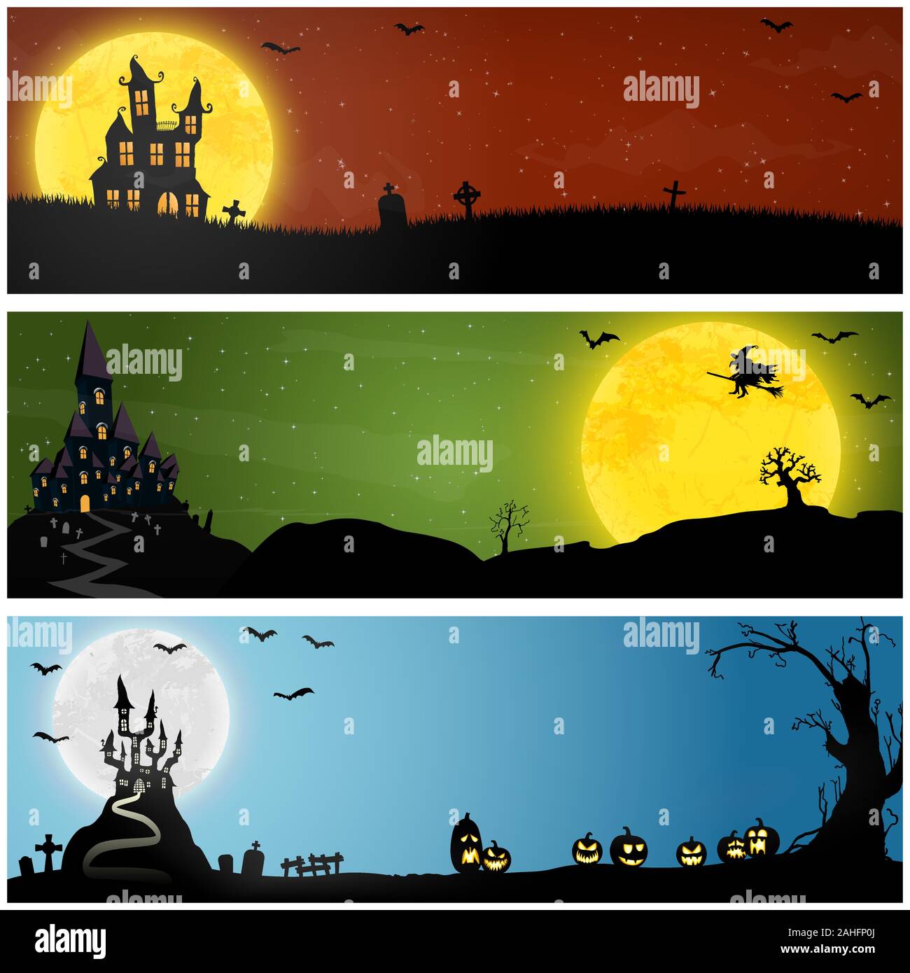 Raccolta di sfondi panorama con dark castle e strega nella parte anteriore della luna piena con scary elementi illustrati per i layout di Halloween Illustrazione Vettoriale