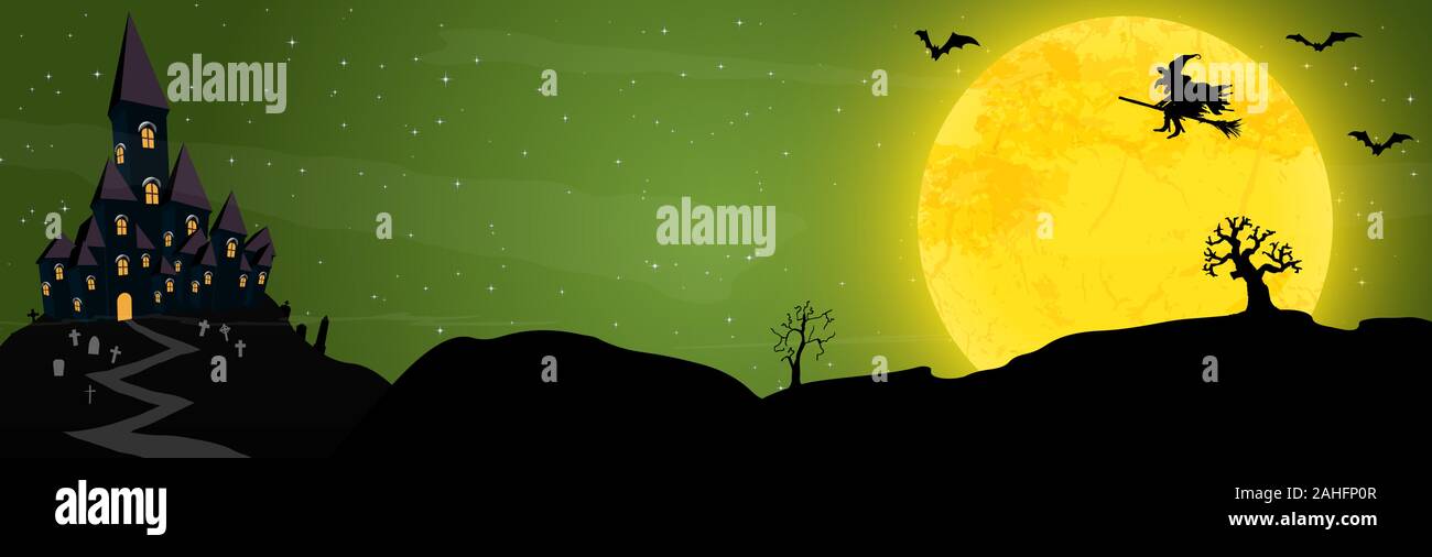 Spooky halloween castello con grave pietre e una strega nella parte anteriore di un giallo luna piena con i pipistrelli Illustrazione Vettoriale