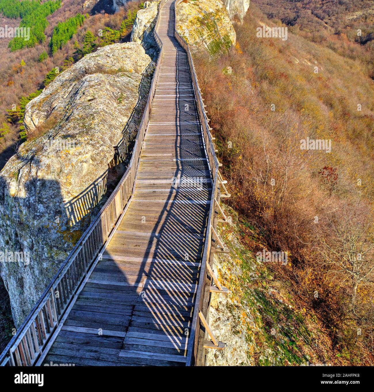 Bella vista con ponte di legno che conduce attraverso un paesaggio autunnale all'orizzonte Foto Stock