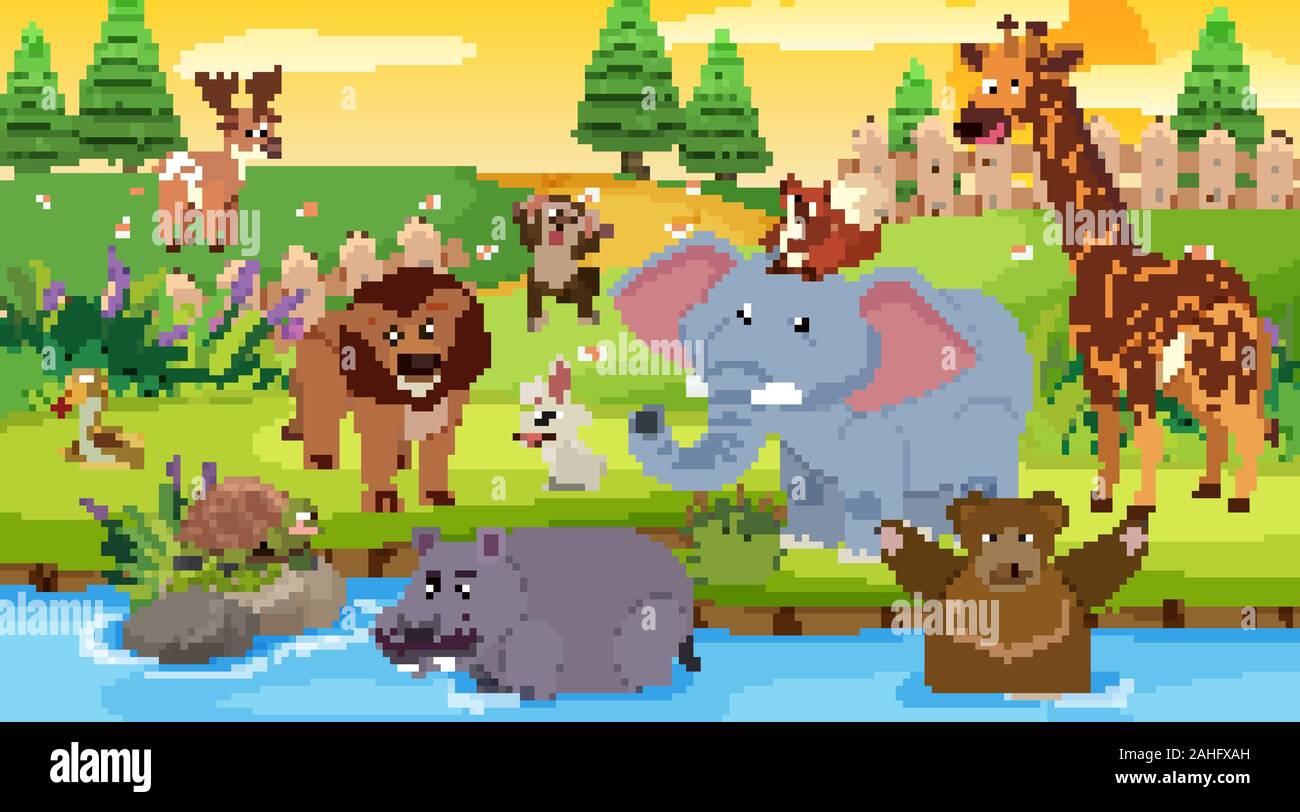 Scena di sfondo con molti animali selvatici nel parco illustrazione Illustrazione Vettoriale
