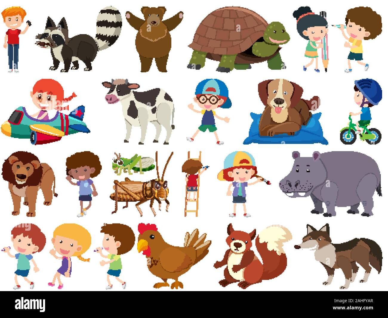 Set di oggetti isolati tema animali e illustrazione per bambini Illustrazione Vettoriale